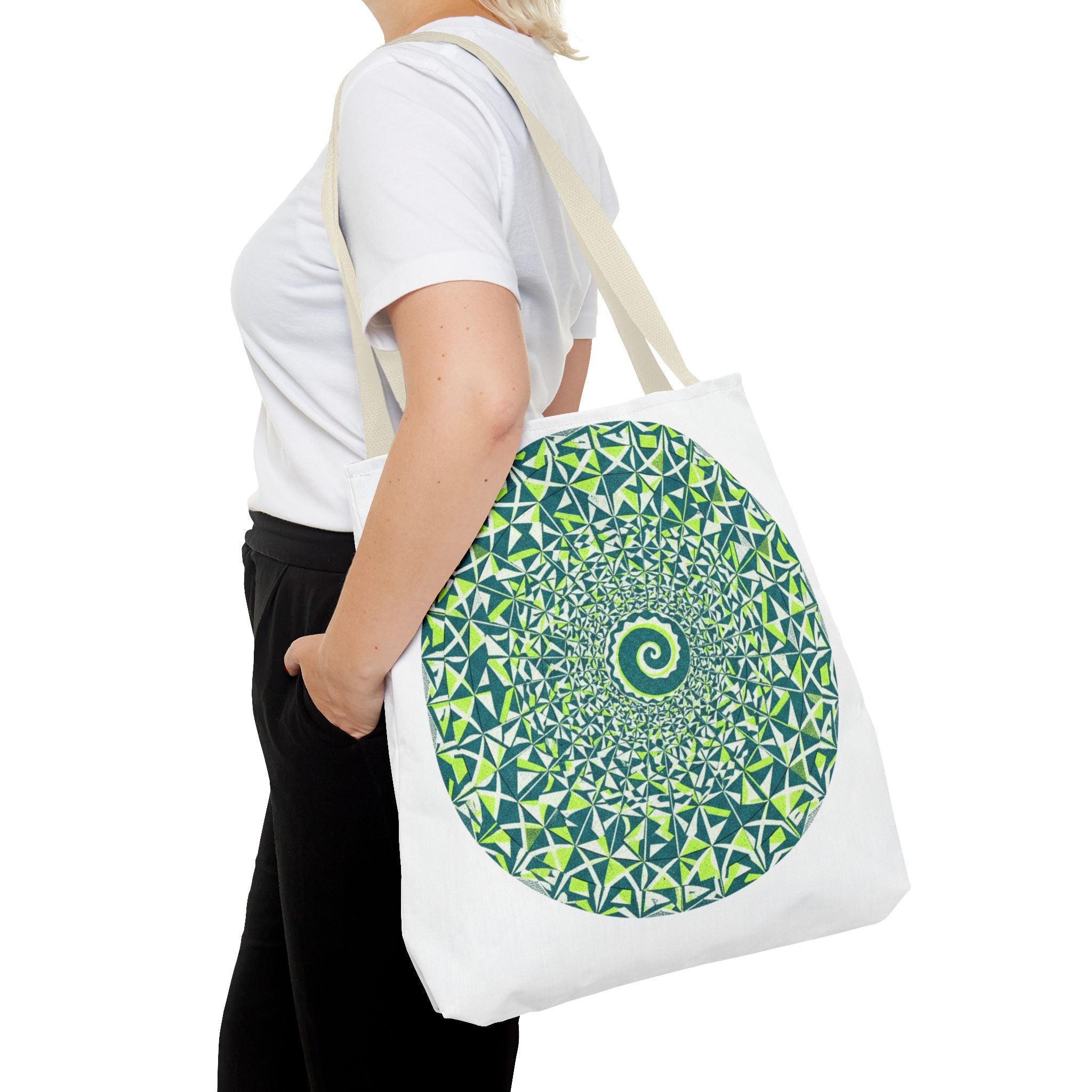 Spiral Mandala Tote Bag — Green Geometric All-Over Print Tote