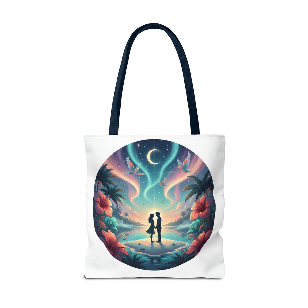 Romantic Moonlit Beach Tote Bag — Couple Silhouette Tropical Night Print
