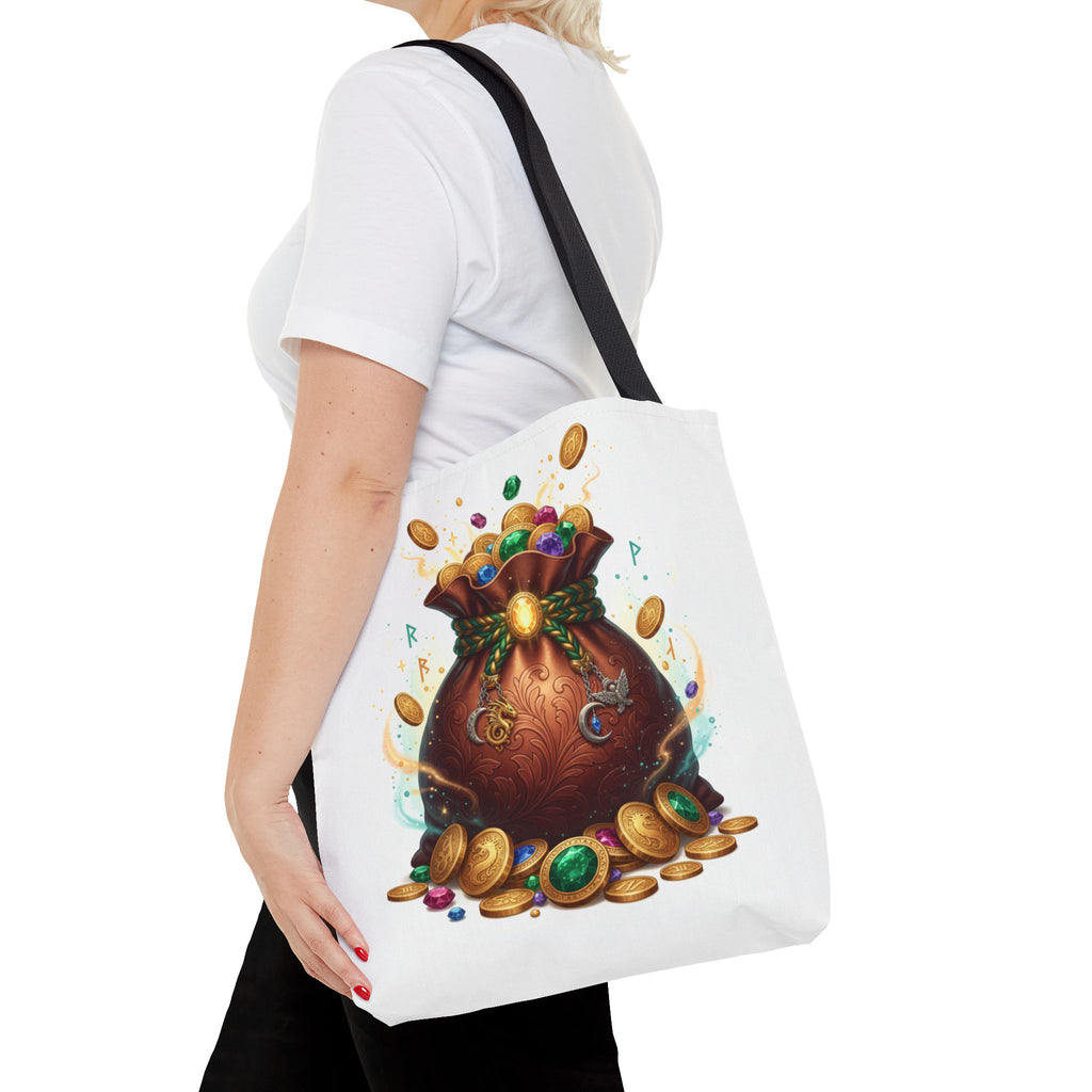 Treasure Pouch Tote Bag — Colorful Gem & Gold Coin All-Over Print Tote