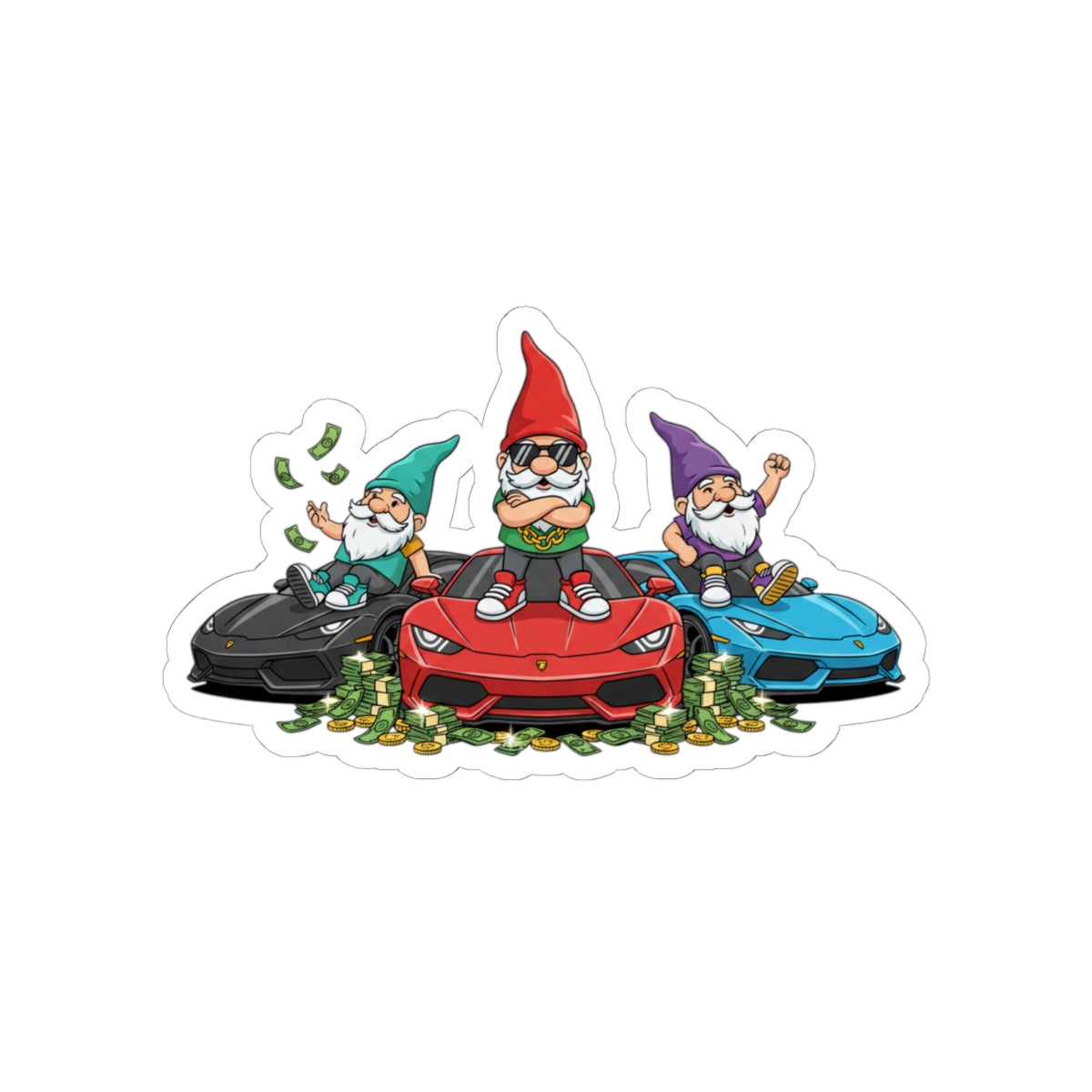 Racing Gnomes Sticker — Cute Car Gnome Kiss-Cut Decal for Laptops & Water Bottles