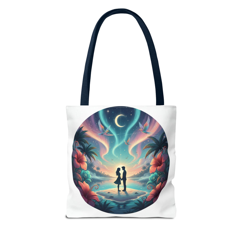 Romantic Moonlit Beach Tote Bag — Couple Silhouette Tropical Night Print