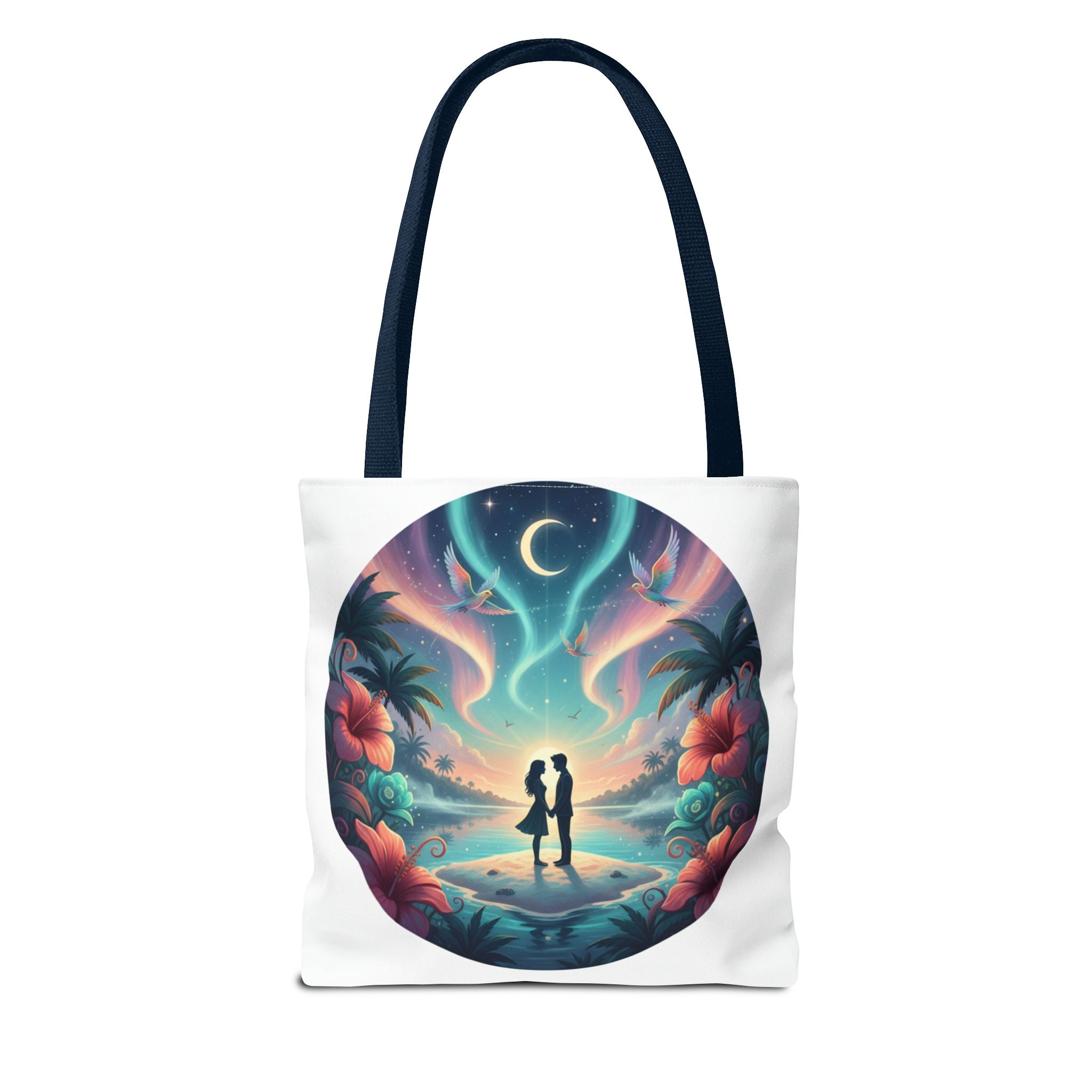 Romantic Moonlit Beach Tote Bag — Couple Silhouette Tropical Night Print