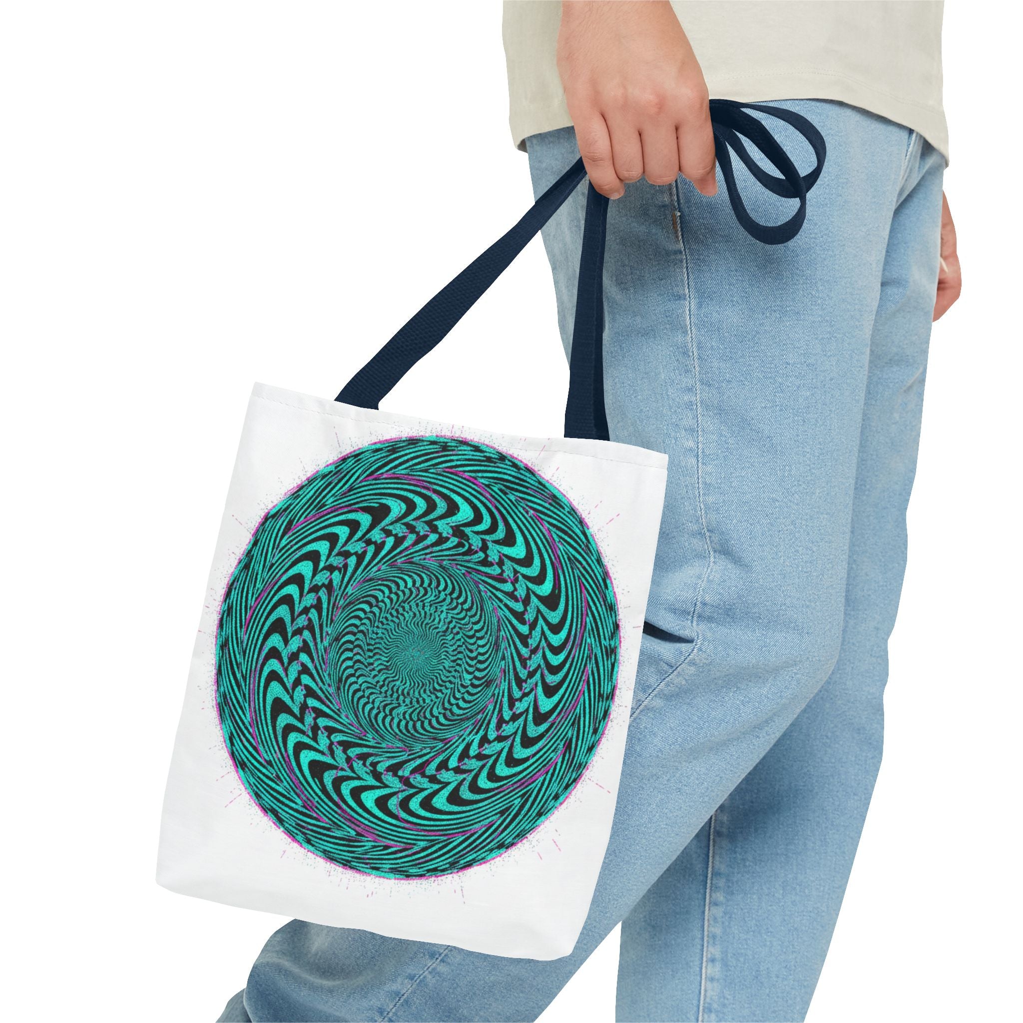 Psychedelic Spiral Tote Bag — Teal Optical Illusion All-Over Print