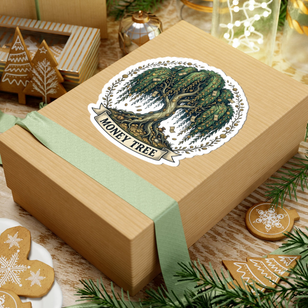 Money Tree Sticker — Illustrated Willow with Cash Leaves, Lucky Finance Laptop Decal