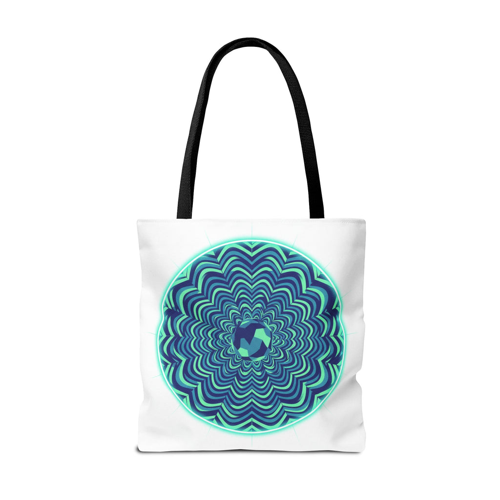 Psychedelic Mandala Tote Bag — Blue Green Optical Art All-Over Print