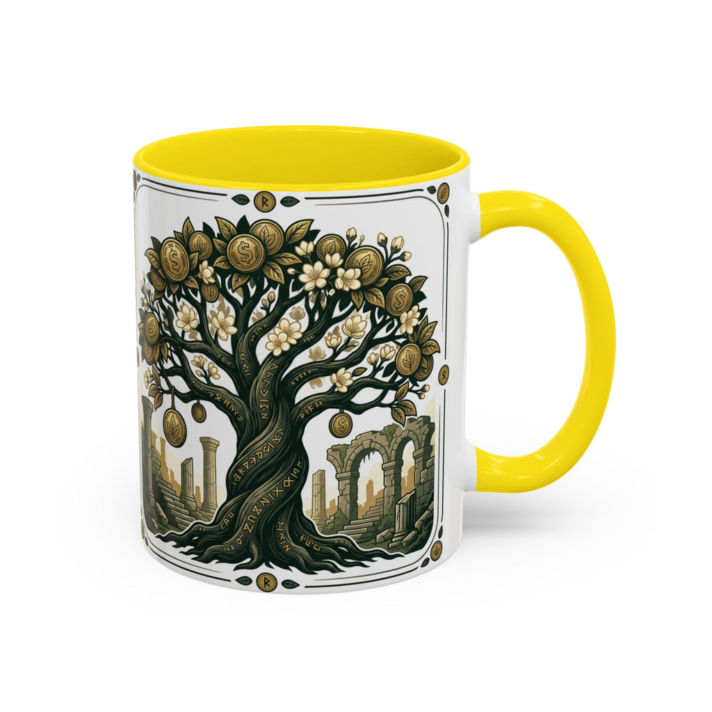 Ornate Tree of Coins Coffee Mug — Gold Ruins Accent Ceramic Mug (11/15oz)