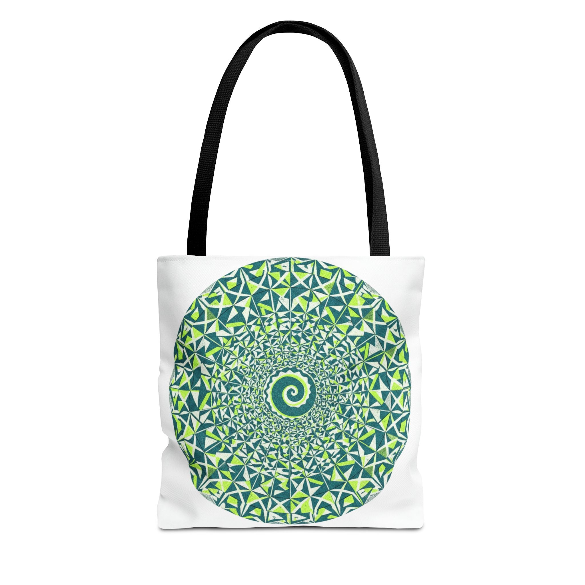 Spiral Mandala Tote Bag — Green Geometric All-Over Print Tote