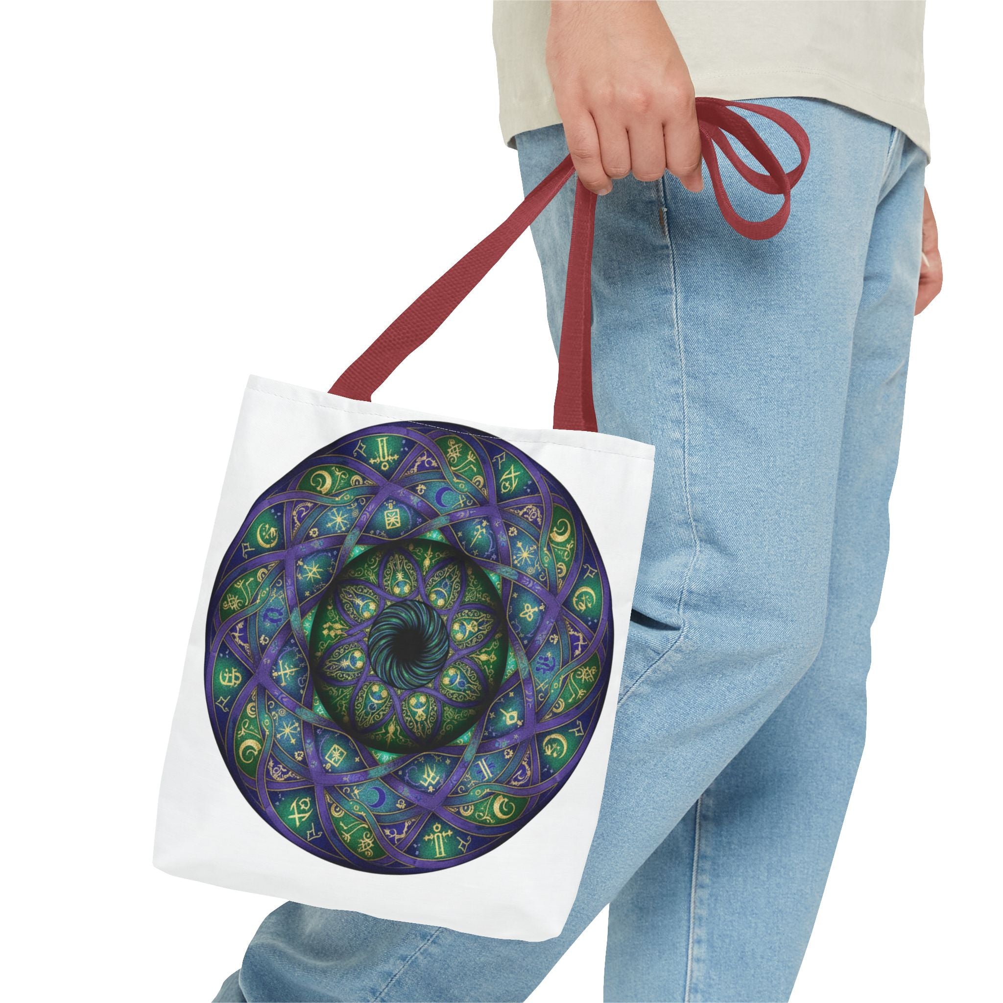Mystic Mandala Tote Bag — Purple Green Spiral All-Over Print