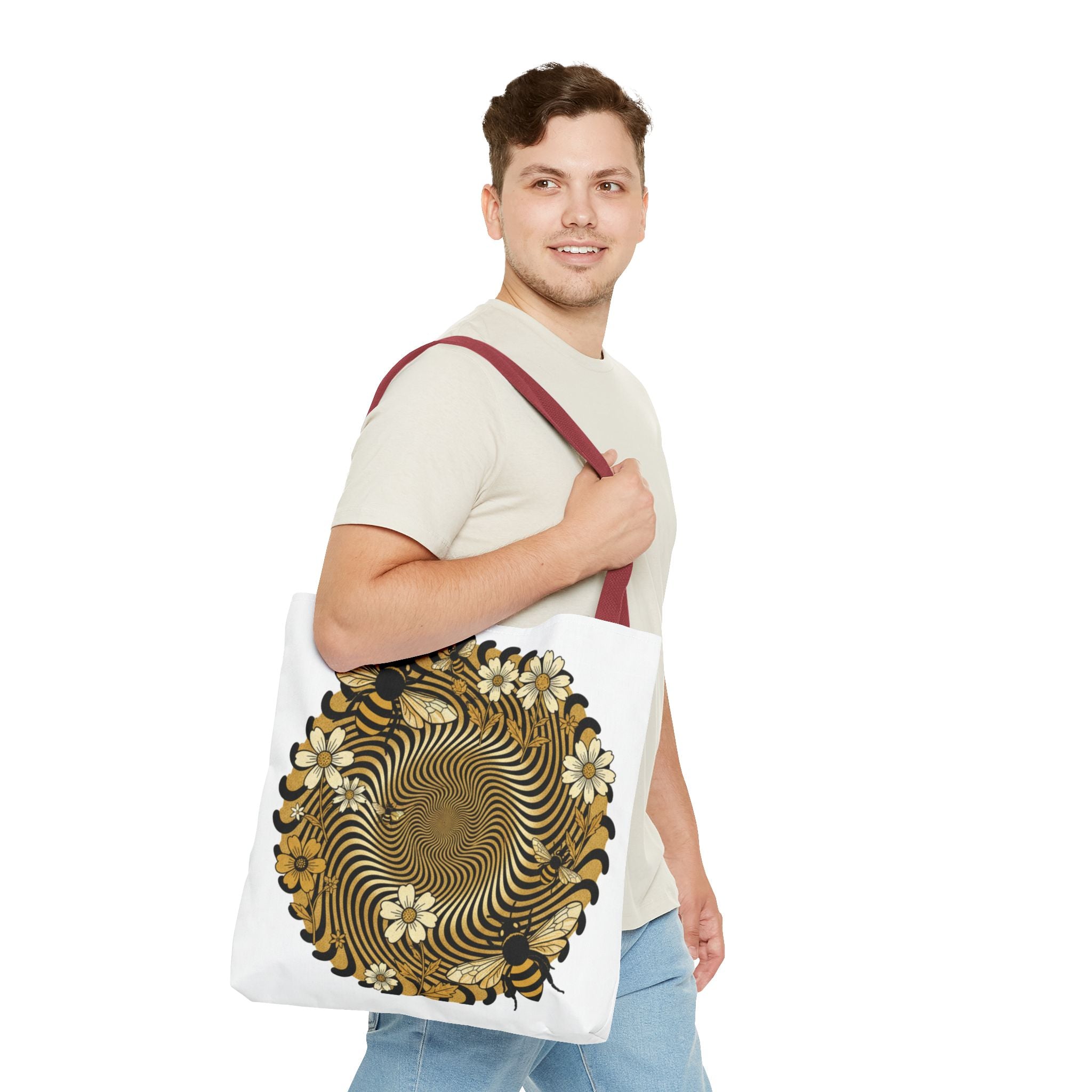 Bee Floral Spiral Tote Bag — Vintage Honeybee Floral Swirl Design