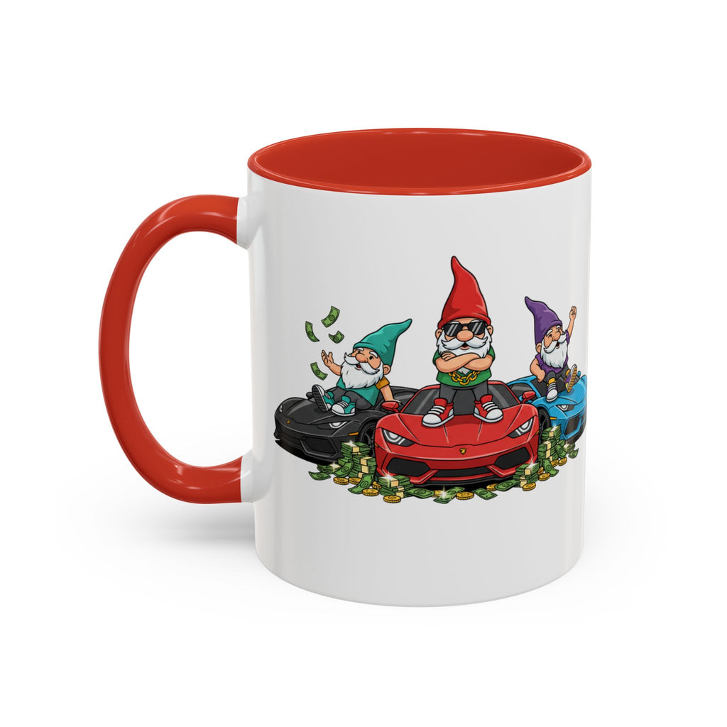 Gnome Car Crew Accent Coffee Mug — Racing Gnomes with Sports Cars (11/15oz)