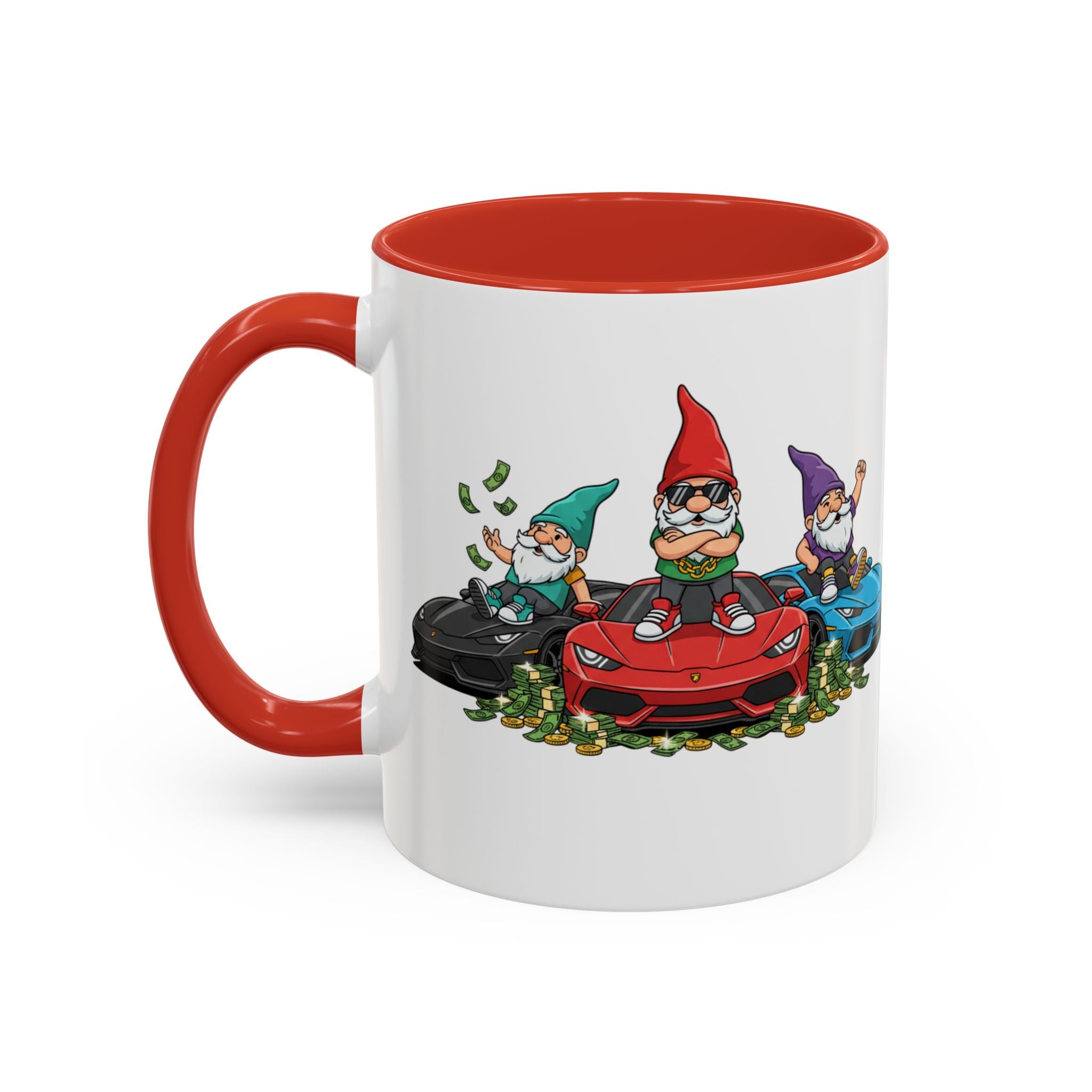 Gnome Car Crew Accent Coffee Mug — Racing Gnomes with Sports Cars (11/15oz)