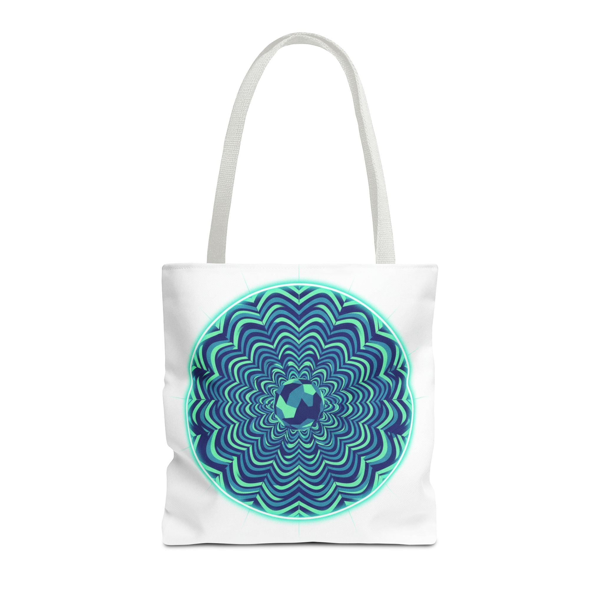 Psychedelic Mandala Tote Bag — Blue Green Optical Art All-Over Print
