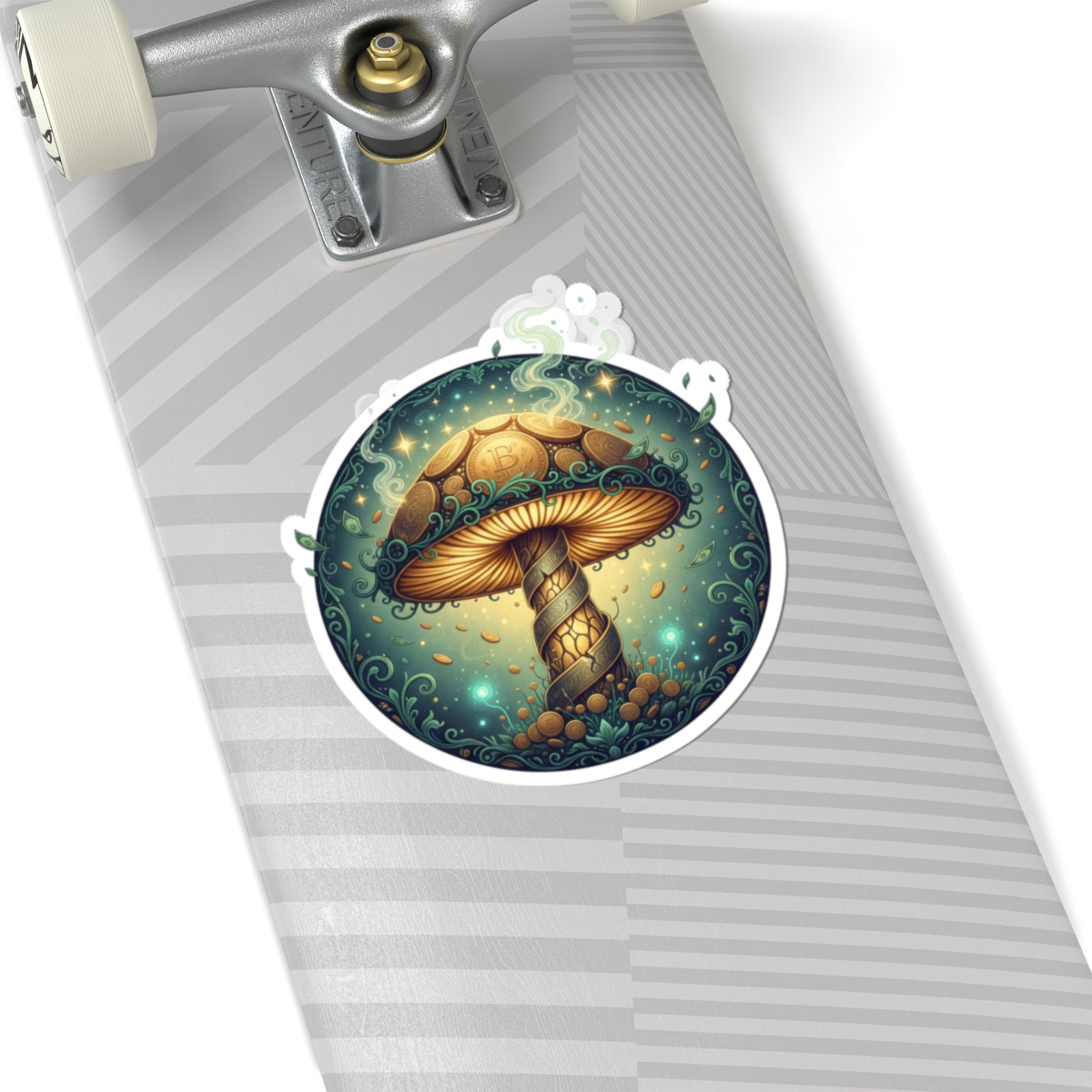 Psychedelic Golden Mushroom Kiss-Cut Sticker — Mystical Forest Laptop Decal
