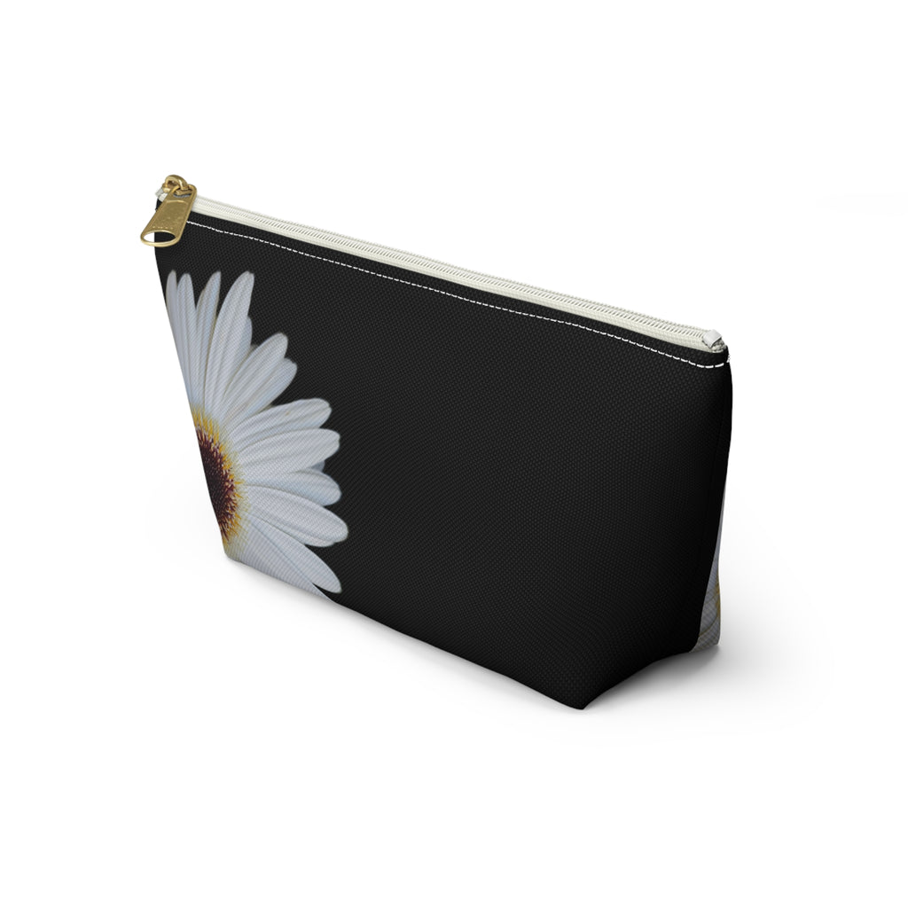 Daisy Floral Accessory Pouch — Black T‑Bottom Makeup Bag