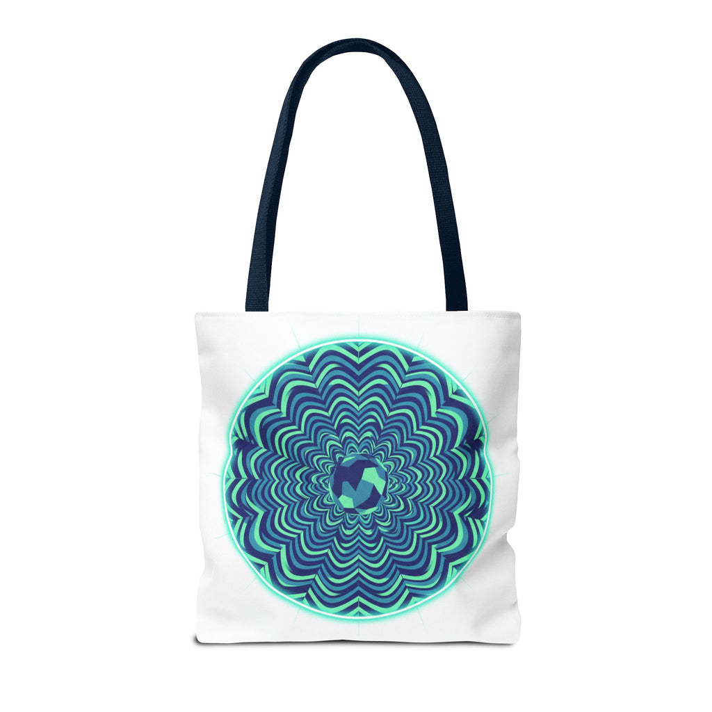 Psychedelic Mandala Tote Bag — Blue Green Optical Art All-Over Print