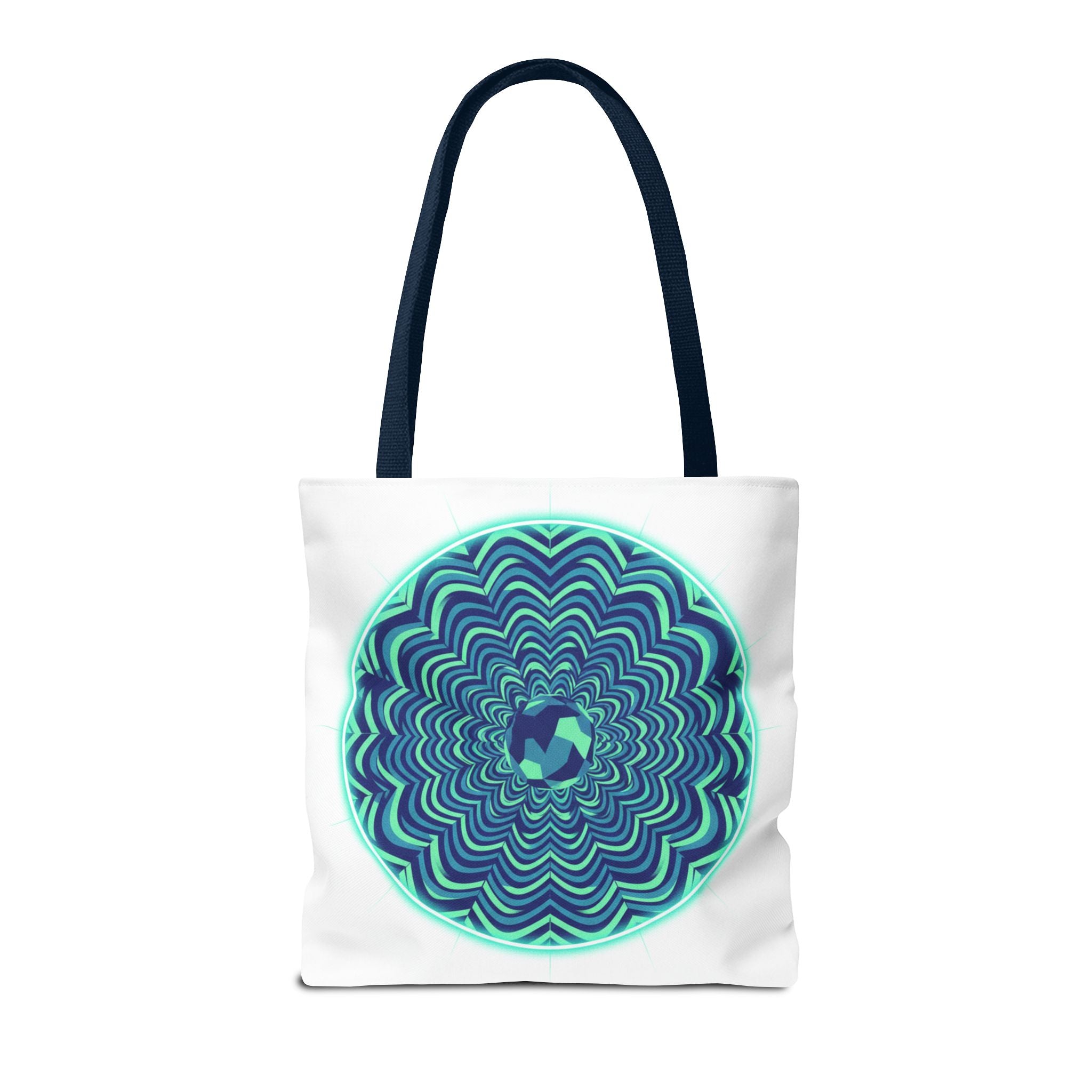 Psychedelic Mandala Tote Bag — Blue Green Optical Art All-Over Print