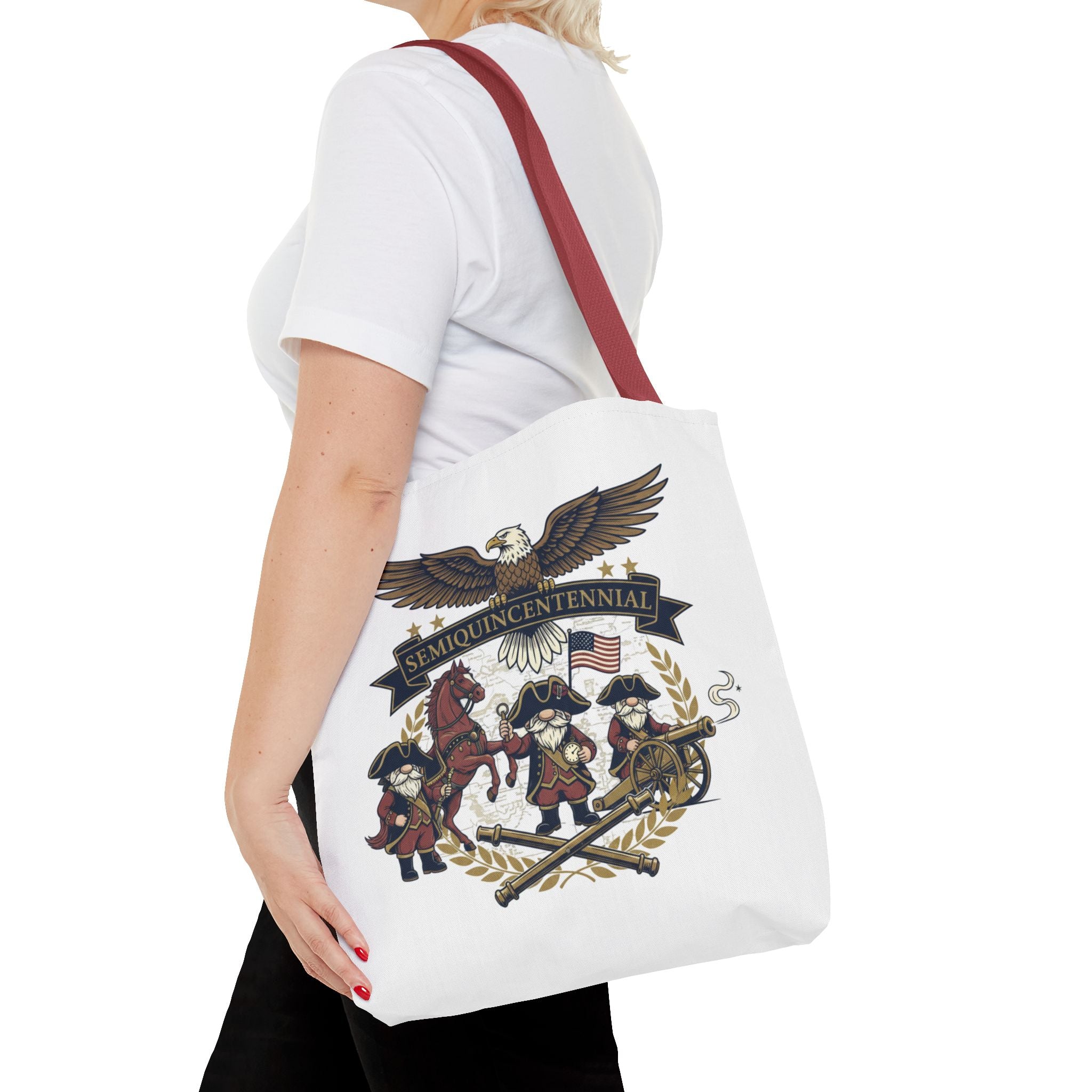 Semiquincentennial Patriotic Tote Bag — Eagle, Colonial Soldiers & Flags All-Over Print