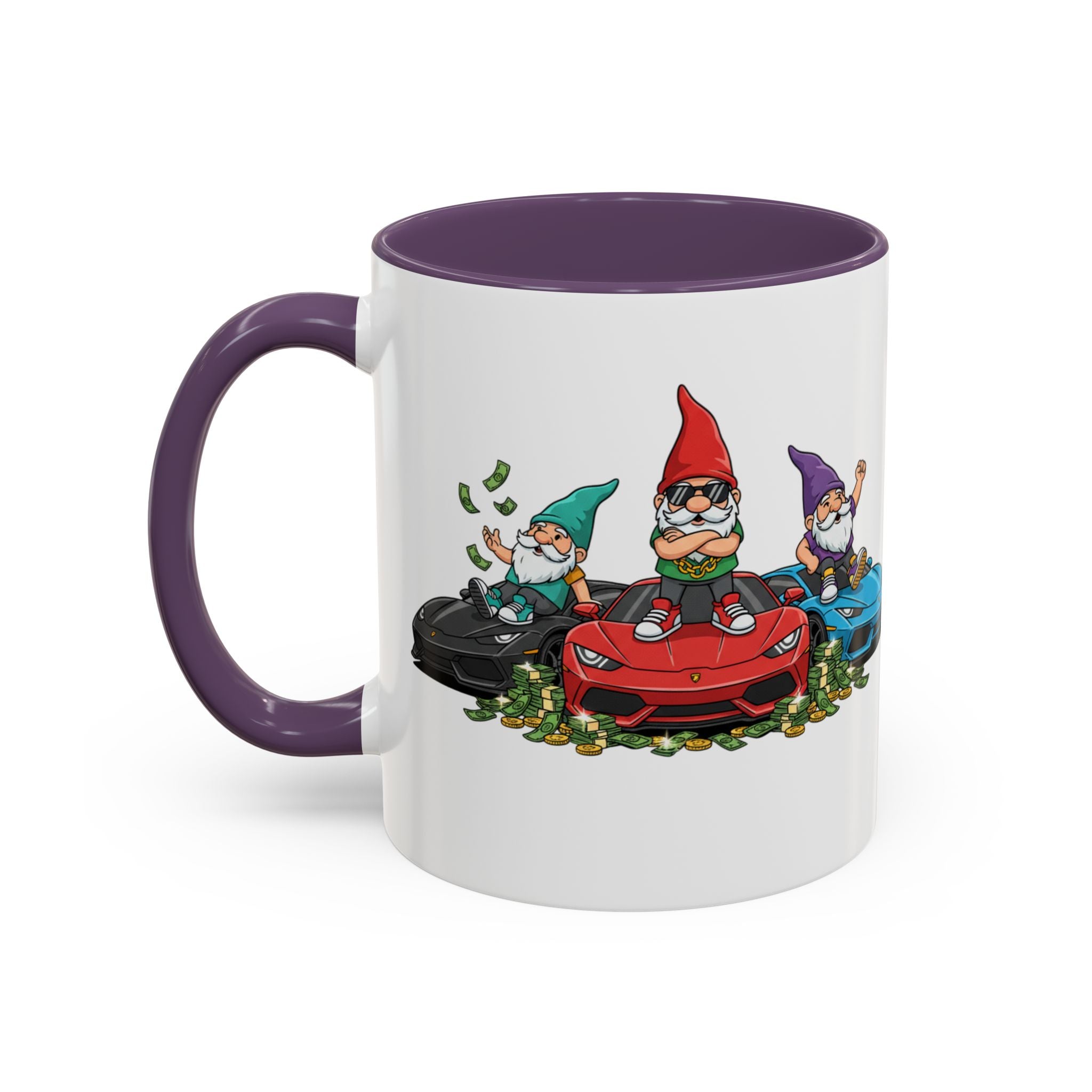 Gnome Car Crew Accent Coffee Mug — Racing Gnomes with Sports Cars (11/15oz)