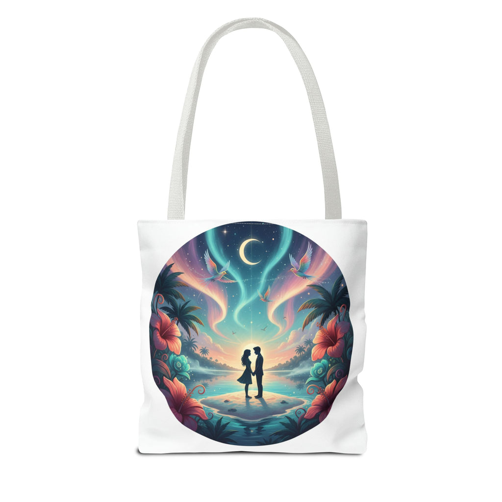 Romantic Moonlit Beach Tote Bag — Couple Silhouette Tropical Night Print