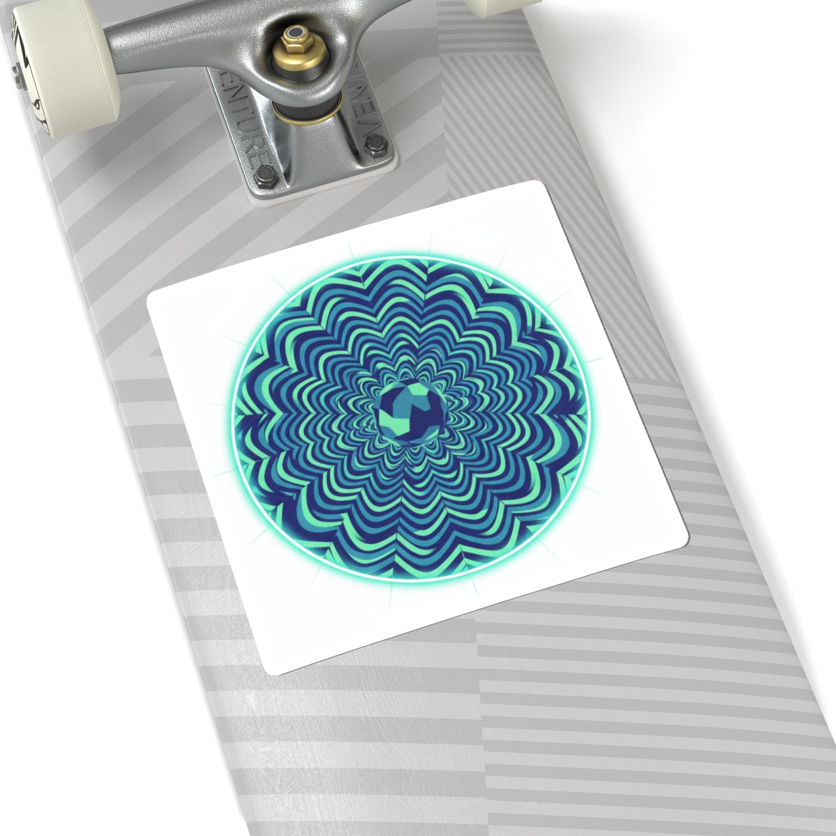 Psychedelic Mandala Circle Sticker — Teal Optical Illusion Kiss-Cut