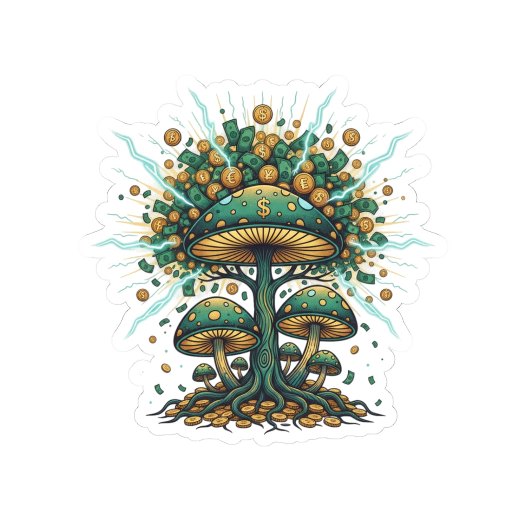 Mushroom Money Tree Sticker — Psychedelic Green & Gold Kiss-Cut Vinyl