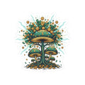 Mushroom Money Tree Sticker — Psychedelic Green & Gold Kiss-Cut Vinyl