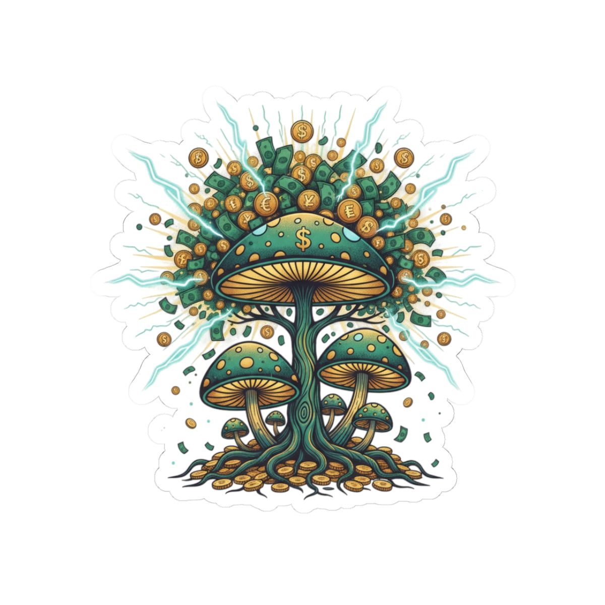 Mushroom Money Tree Sticker — Psychedelic Green & Gold Kiss-Cut Vinyl