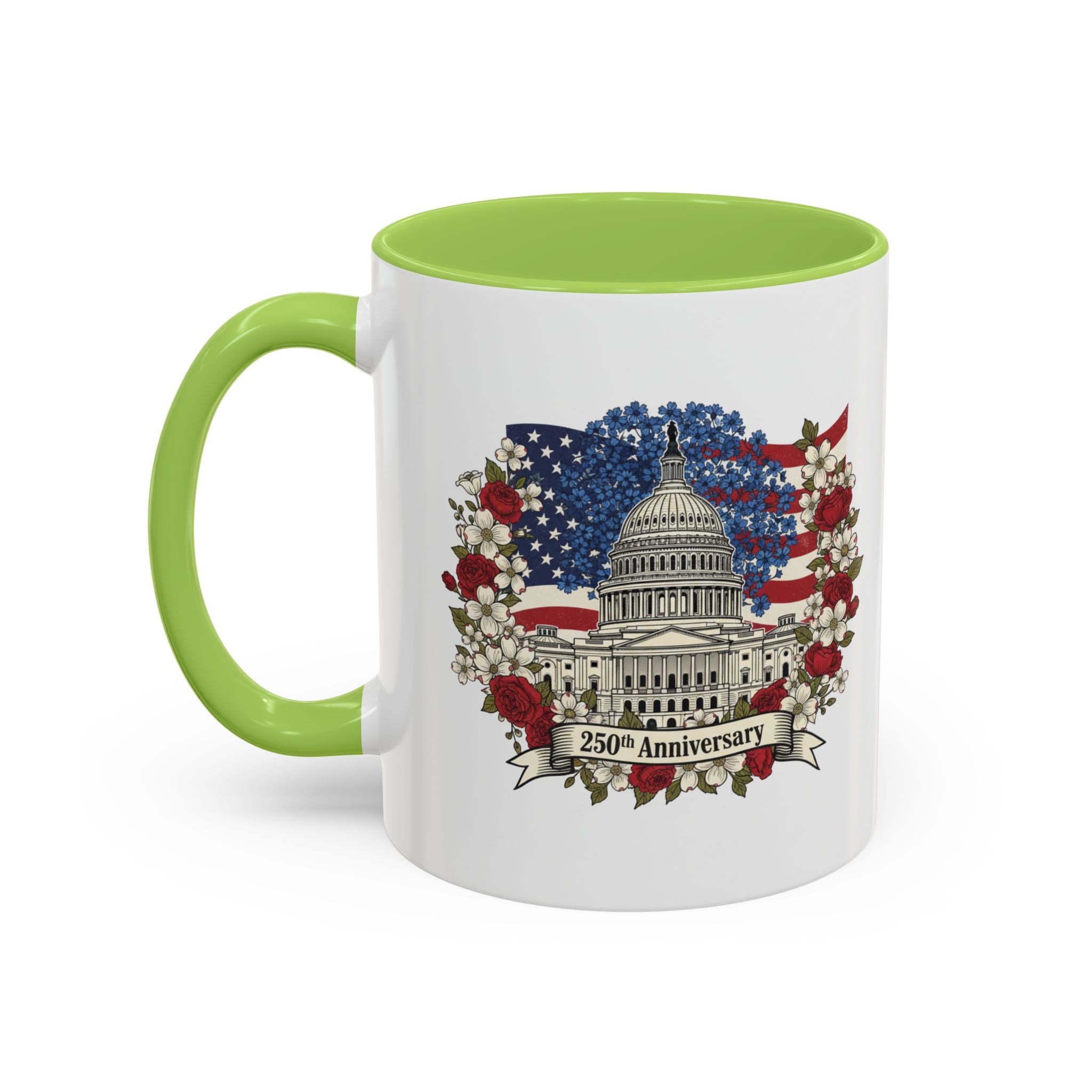 Capitol 250th Anniversary Accent Coffee Mug – Patriotic American Flag Floral Design (11/15oz)