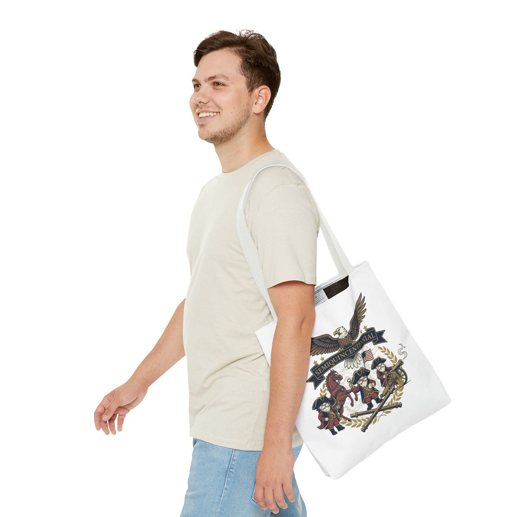 Semiquincentennial Patriotic Tote Bag — Eagle, Colonial Soldiers & Flags All-Over Print