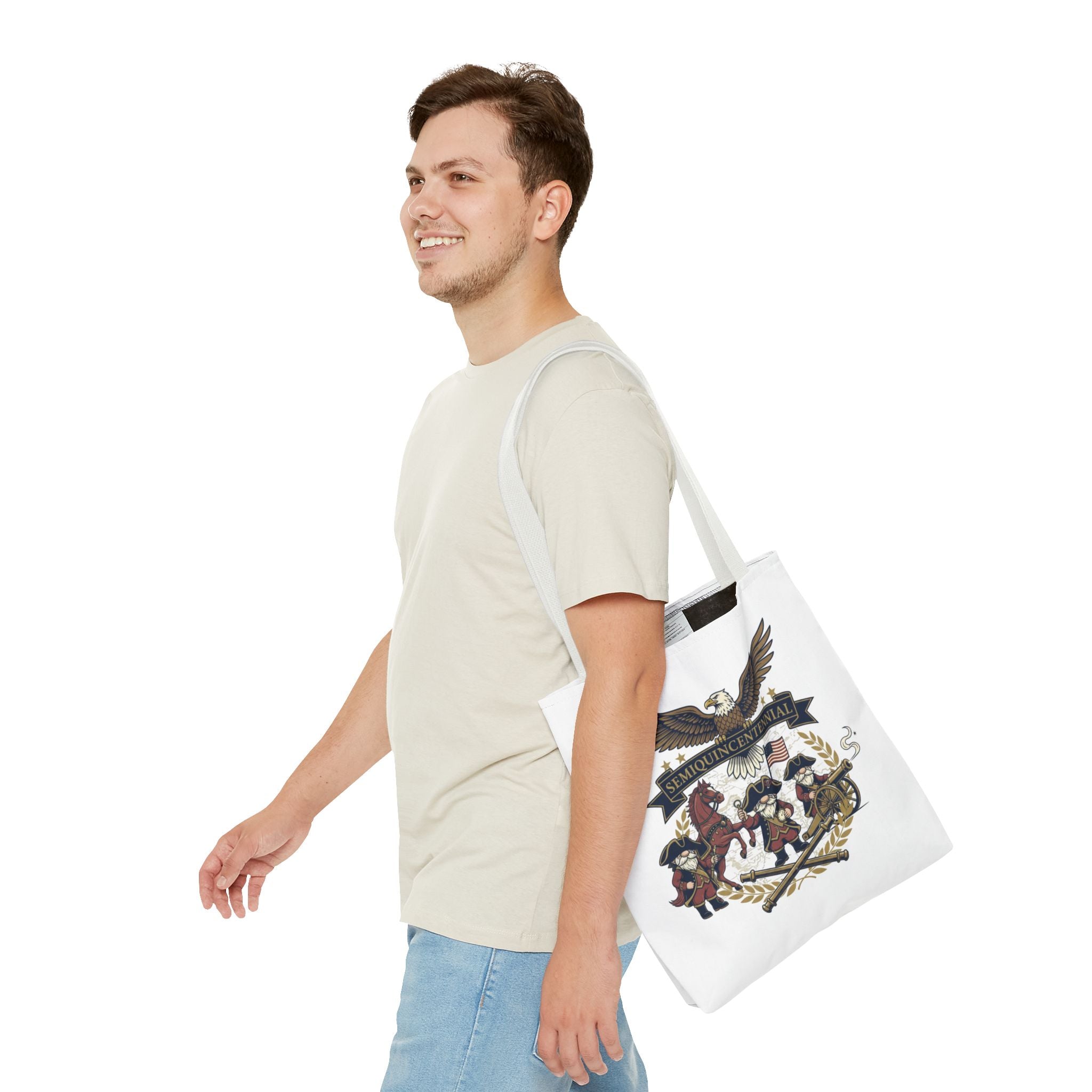 Semiquincentennial Patriotic Tote Bag — Eagle, Colonial Soldiers & Flags All-Over Print
