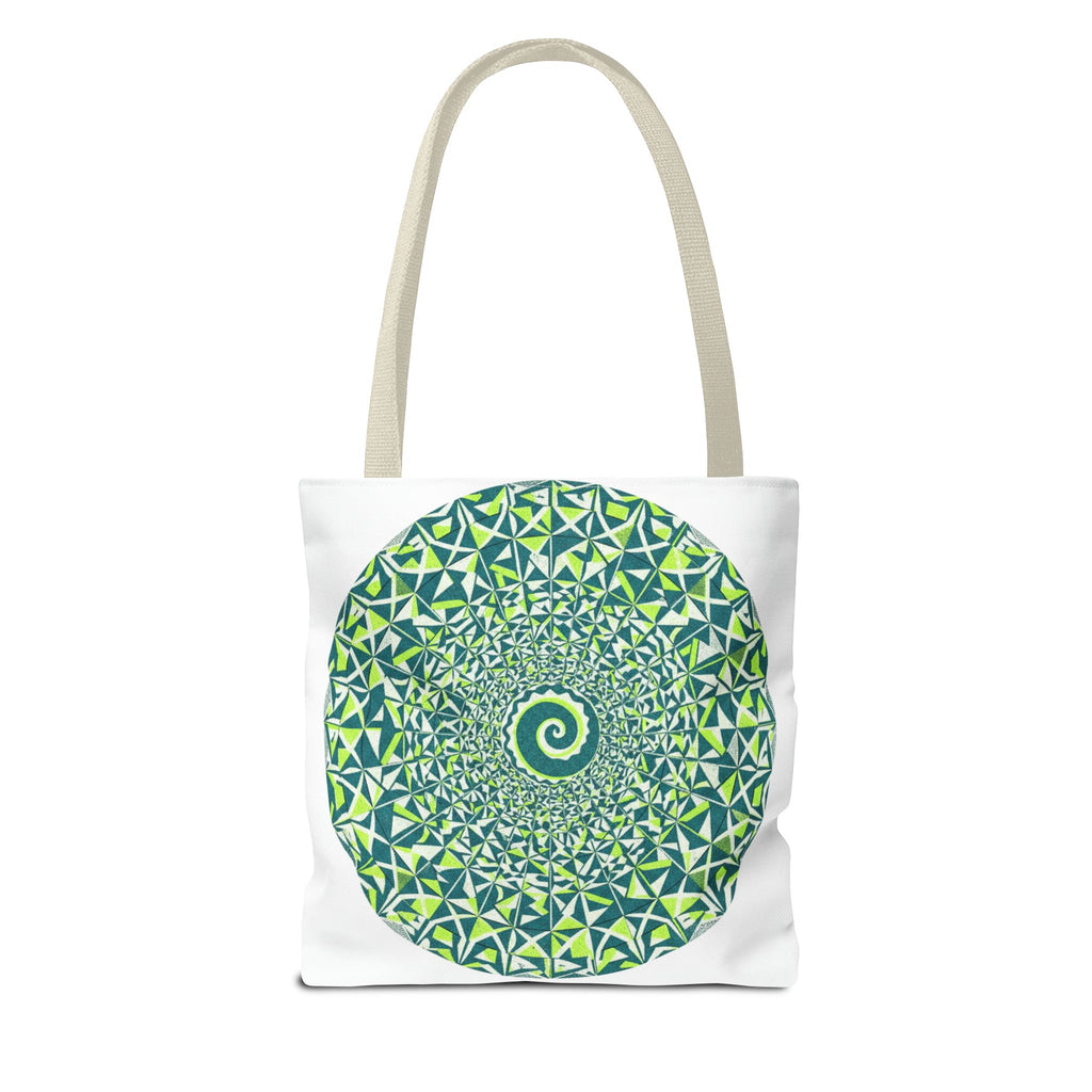 Spiral Mandala Tote Bag — Green Geometric All-Over Print Tote