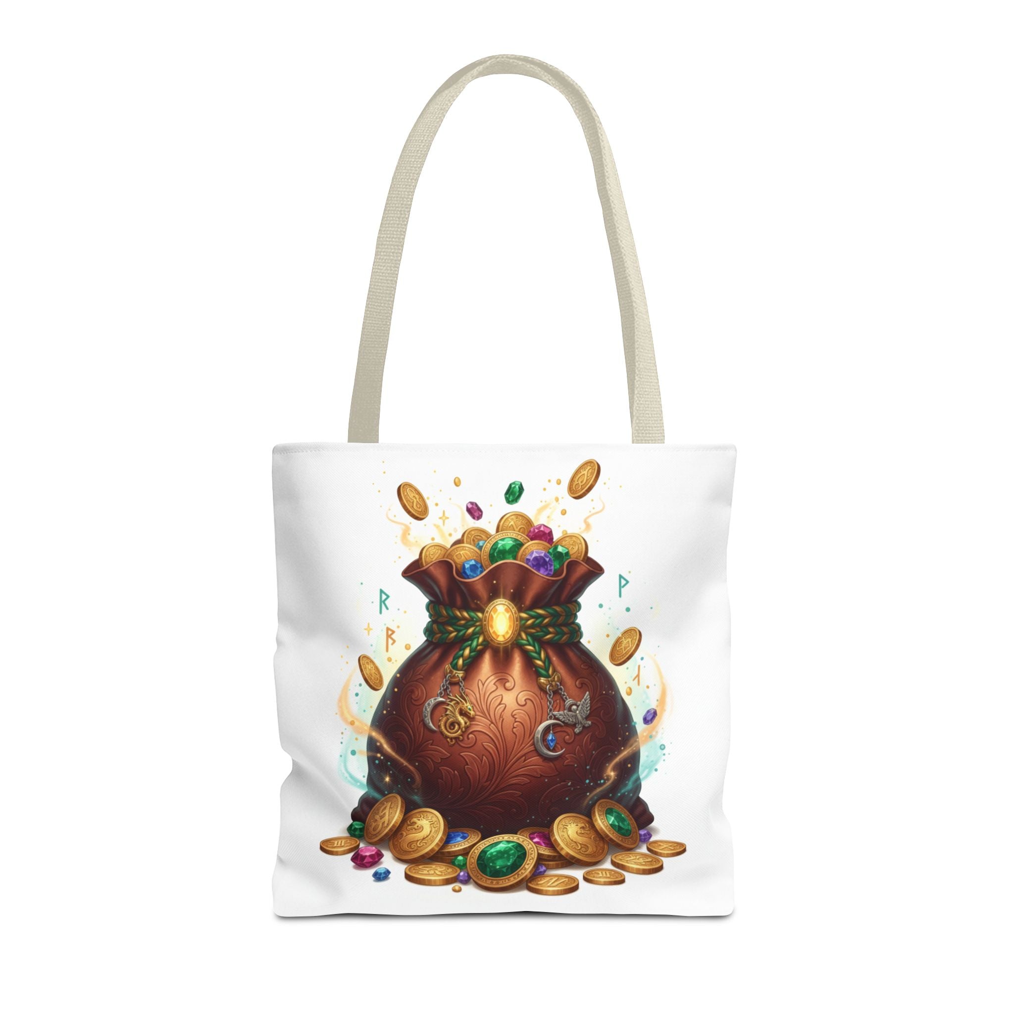 Treasure Pouch Tote Bag — Colorful Gem & Gold Coin All-Over Print Tote