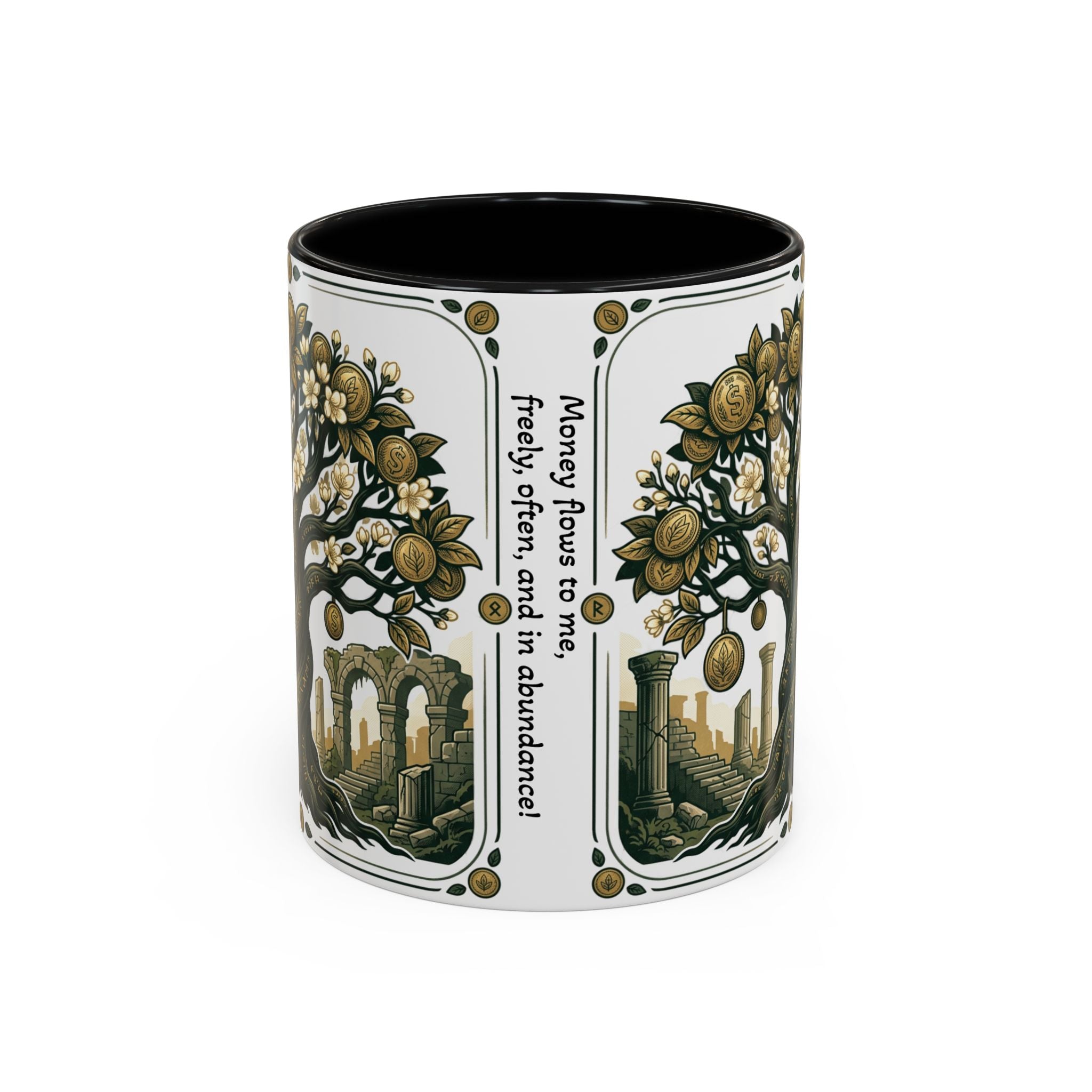 Ornate Tree of Coins Coffee Mug — Gold Ruins Accent Ceramic Mug (11/15oz)
