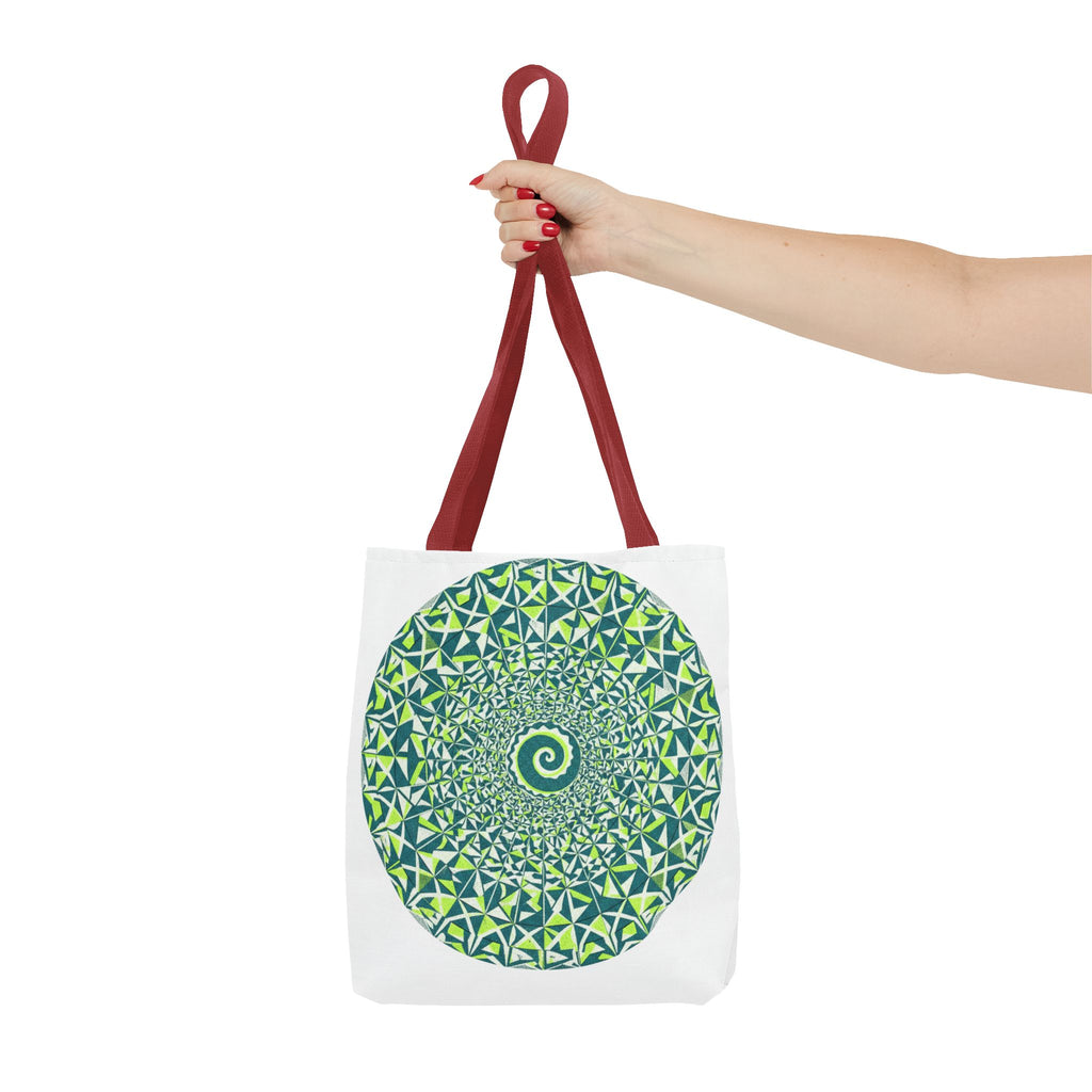 Spiral Mandala Tote Bag — Green Geometric All-Over Print Tote