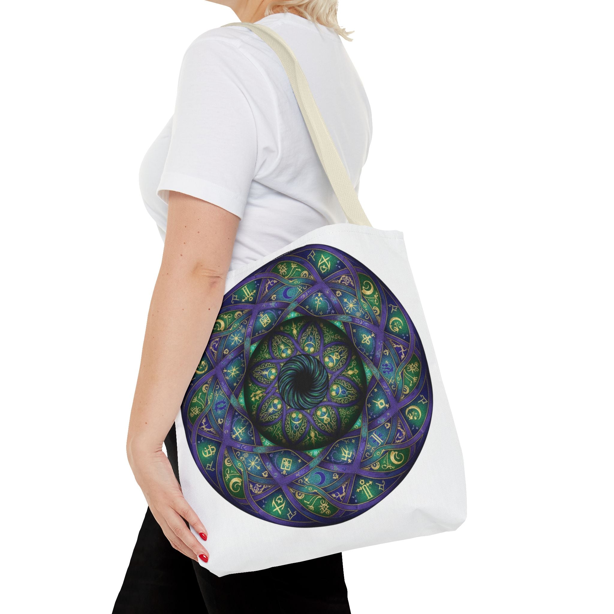 Mystic Mandala Tote Bag — Purple Green Spiral All-Over Print