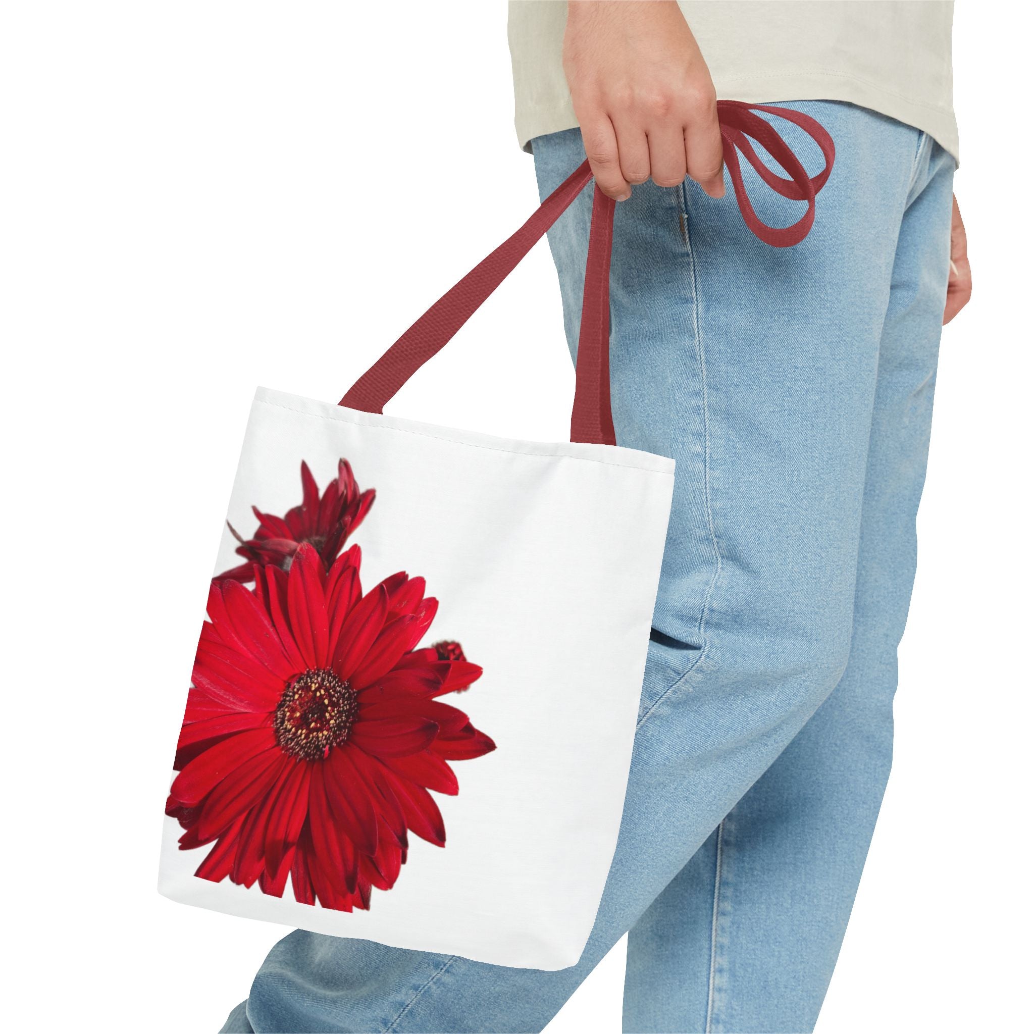 Red Gerbera Floral Tote Bag – Bright Daisy Print Canvas Tote
