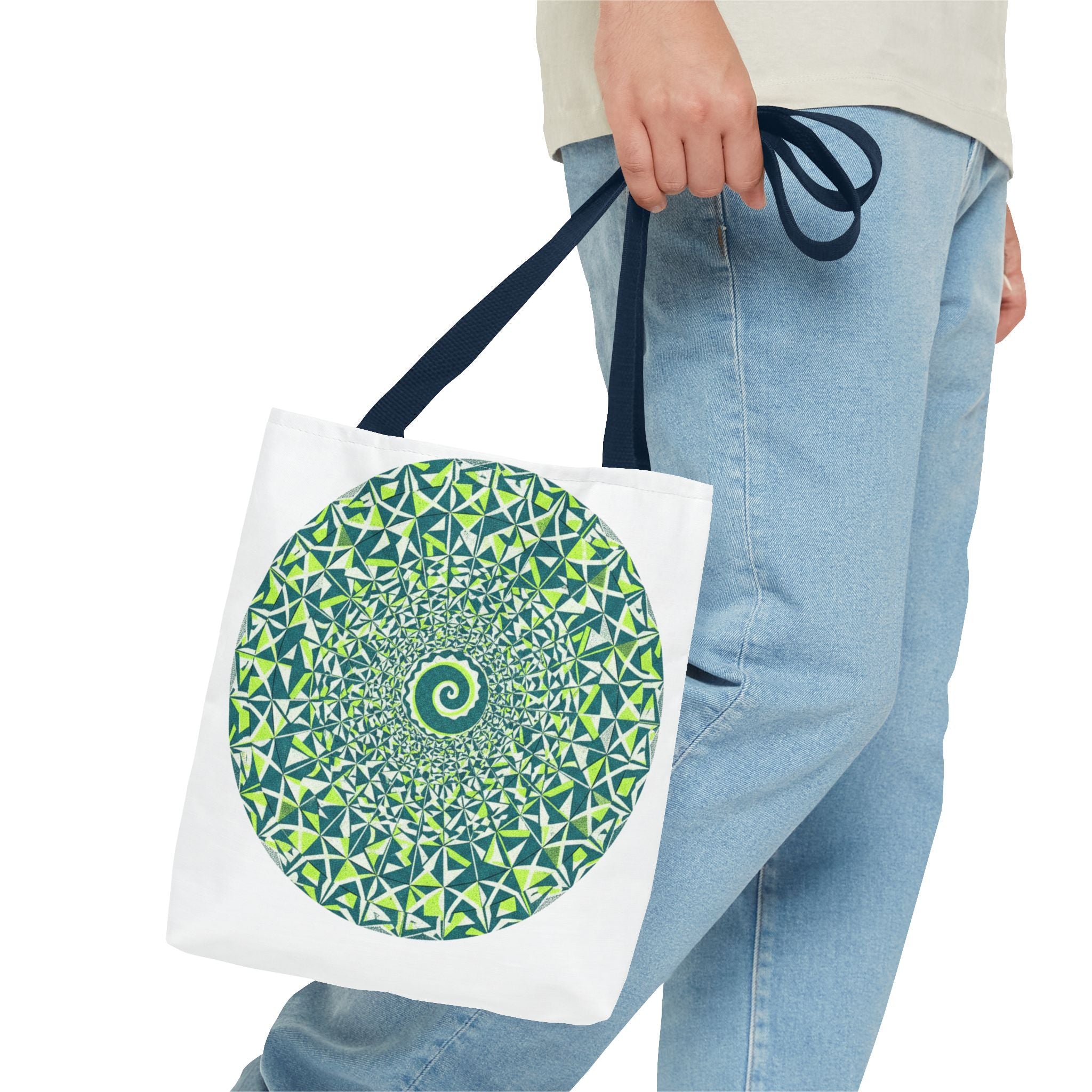 Spiral Mandala Tote Bag — Green Geometric All-Over Print Tote