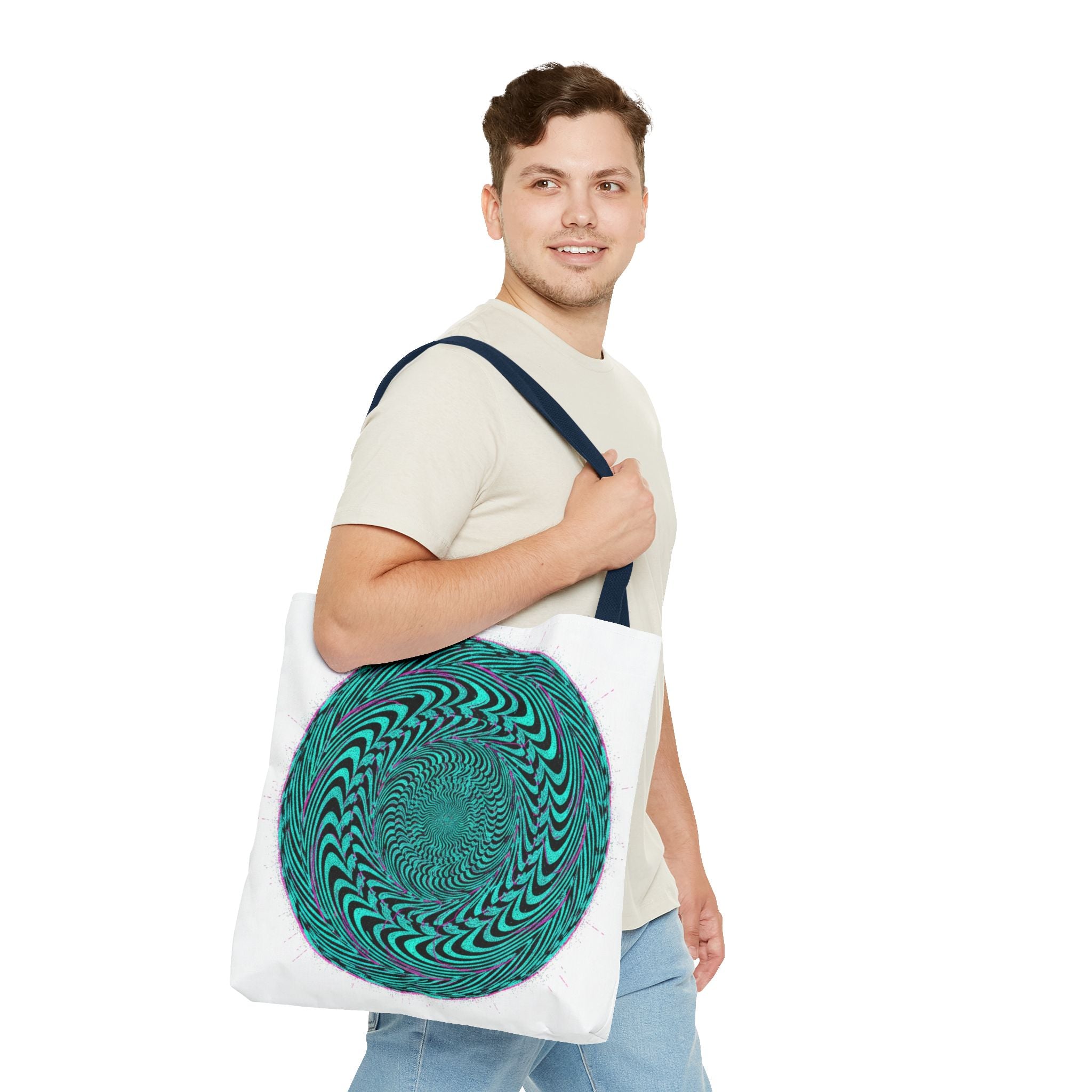 Psychedelic Spiral Tote Bag — Teal Optical Illusion All-Over Print