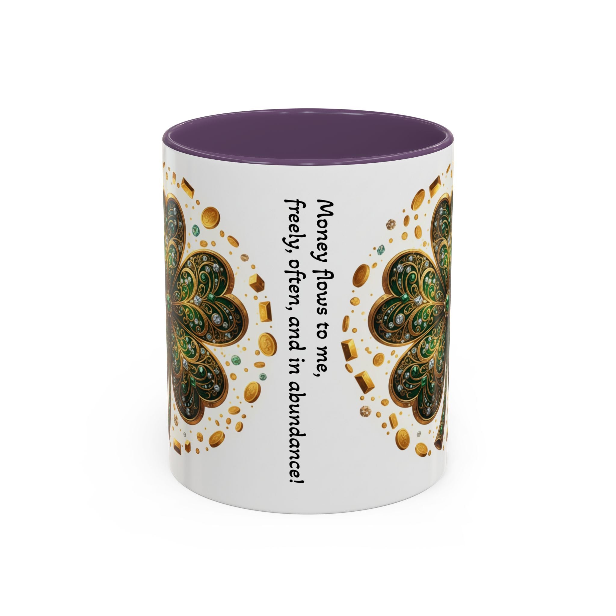 St. Patrick's Shamrock Coffee Mug — "Money Flows to Me" Lucky Charm Accent Mug