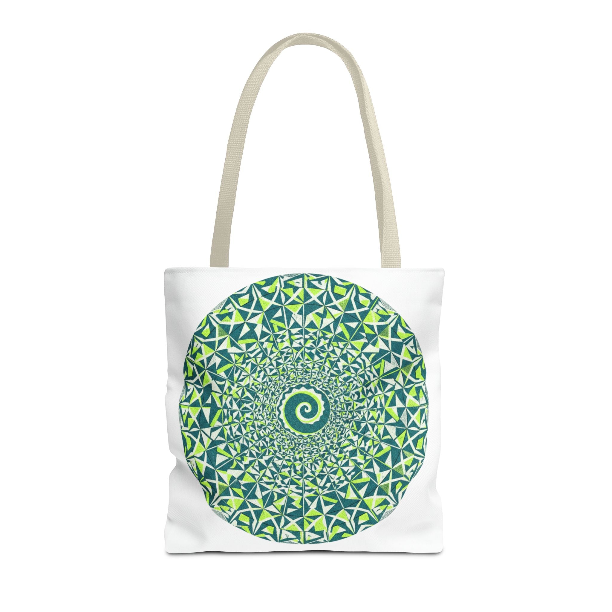 Spiral Mandala Tote Bag — Green Geometric All-Over Print Tote