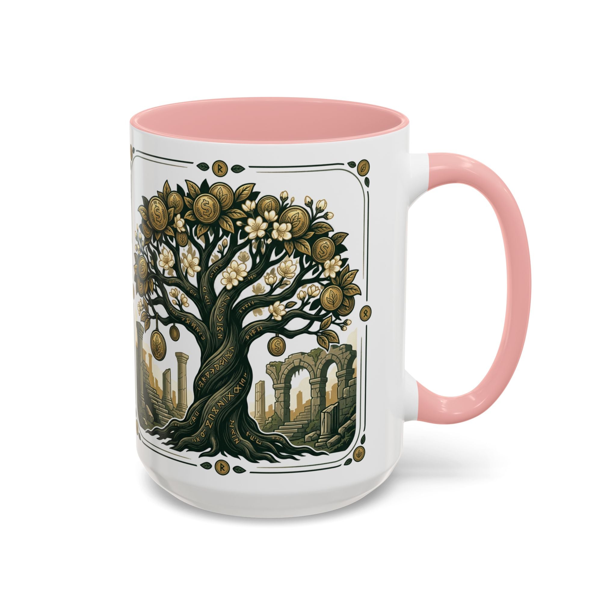 Ornate Tree of Coins Coffee Mug — Gold Ruins Accent Ceramic Mug (11/15oz)