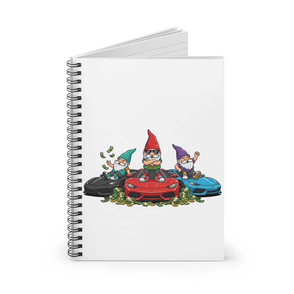 Gnome Racing Notebook — Funny Garden Gnomes with Sports Cars & Money Spiral Notebook
