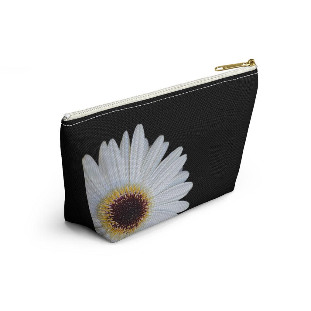 Daisy Floral Accessory Pouch — Black T‑Bottom Makeup Bag