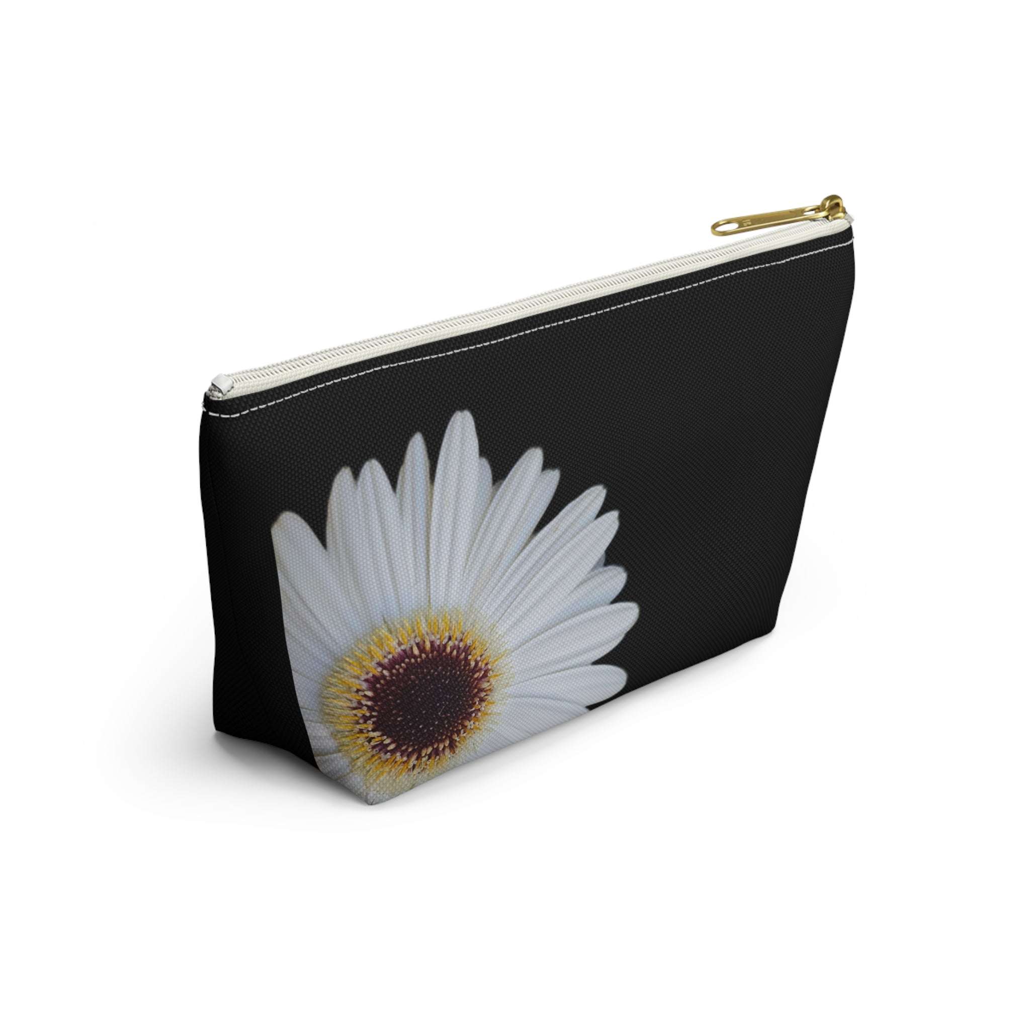 Daisy Floral Accessory Pouch — Black T‑Bottom Makeup Bag
