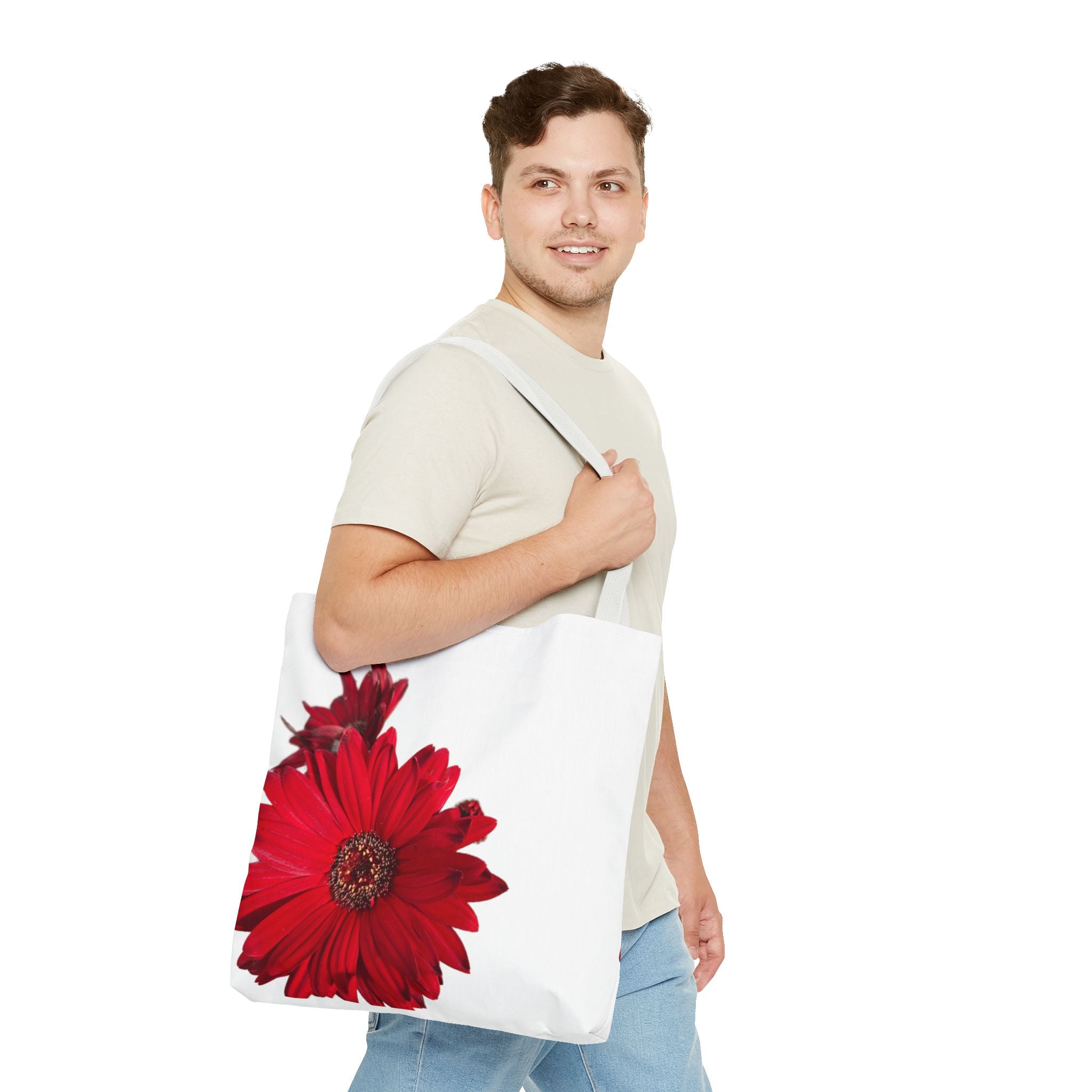 Red Gerbera Floral Tote Bag – Bright Daisy Print Canvas Tote