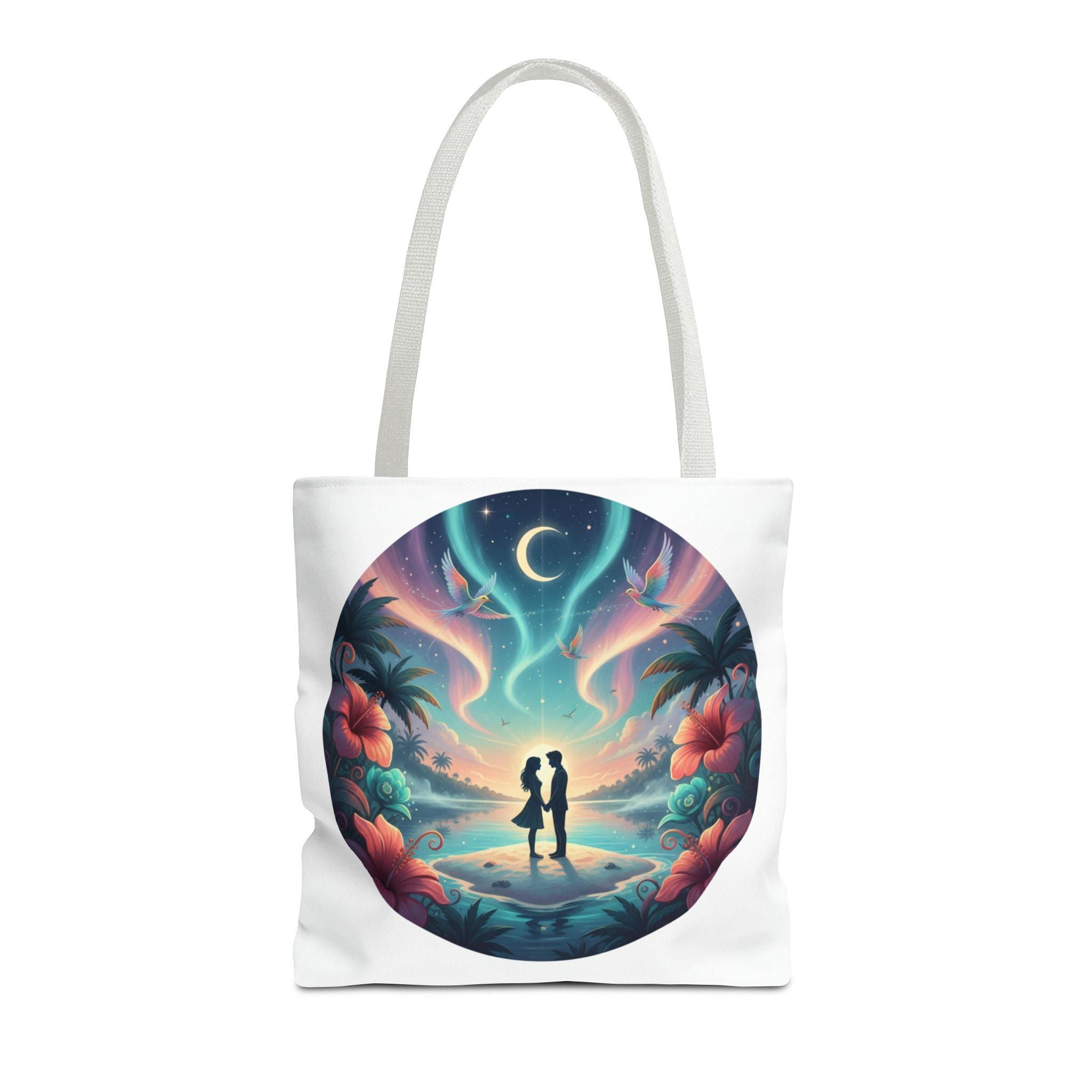 Romantic Moonlit Beach Tote Bag — Couple Silhouette Tropical Night Print