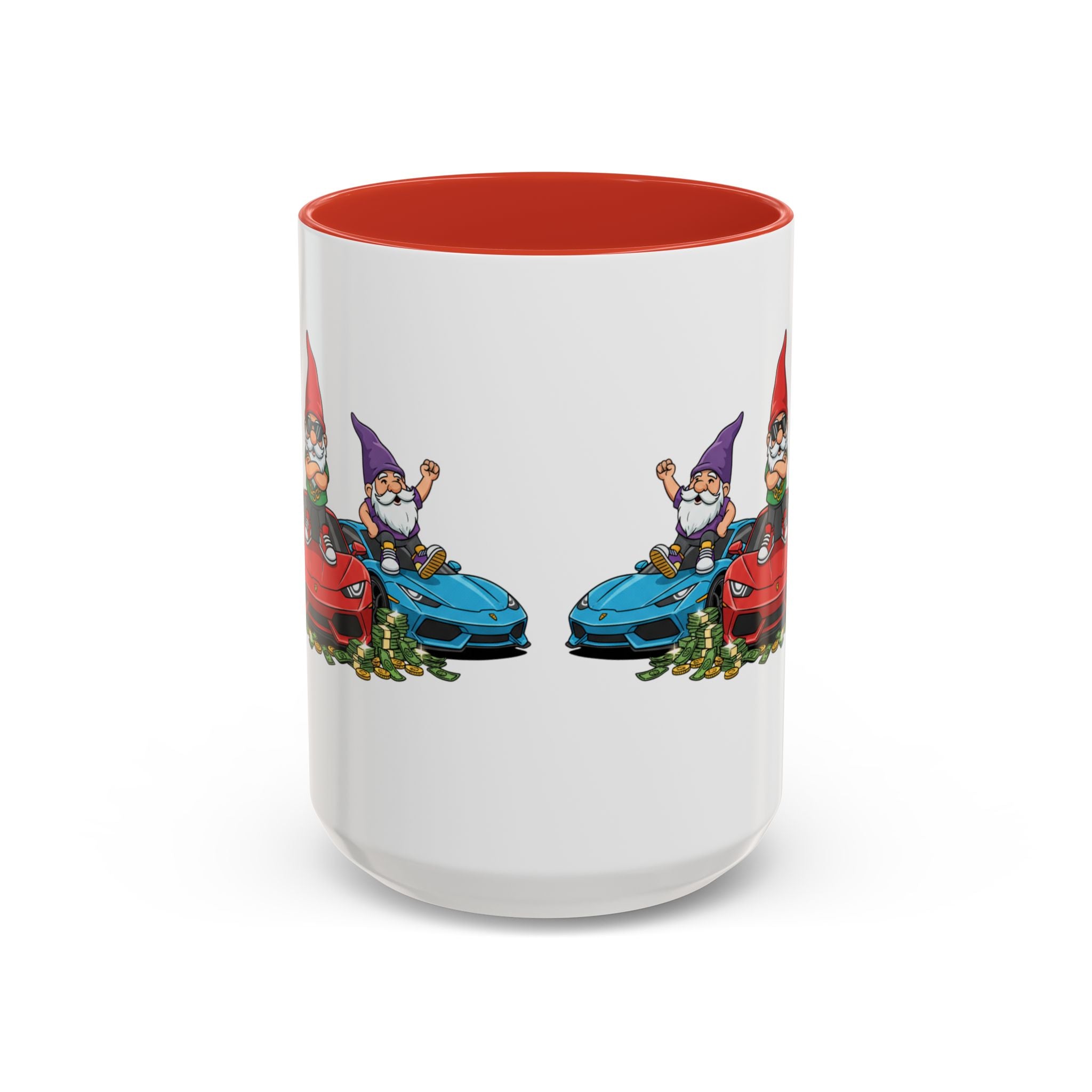 Gnome Car Crew Accent Coffee Mug — Racing Gnomes with Sports Cars (11/15oz)
