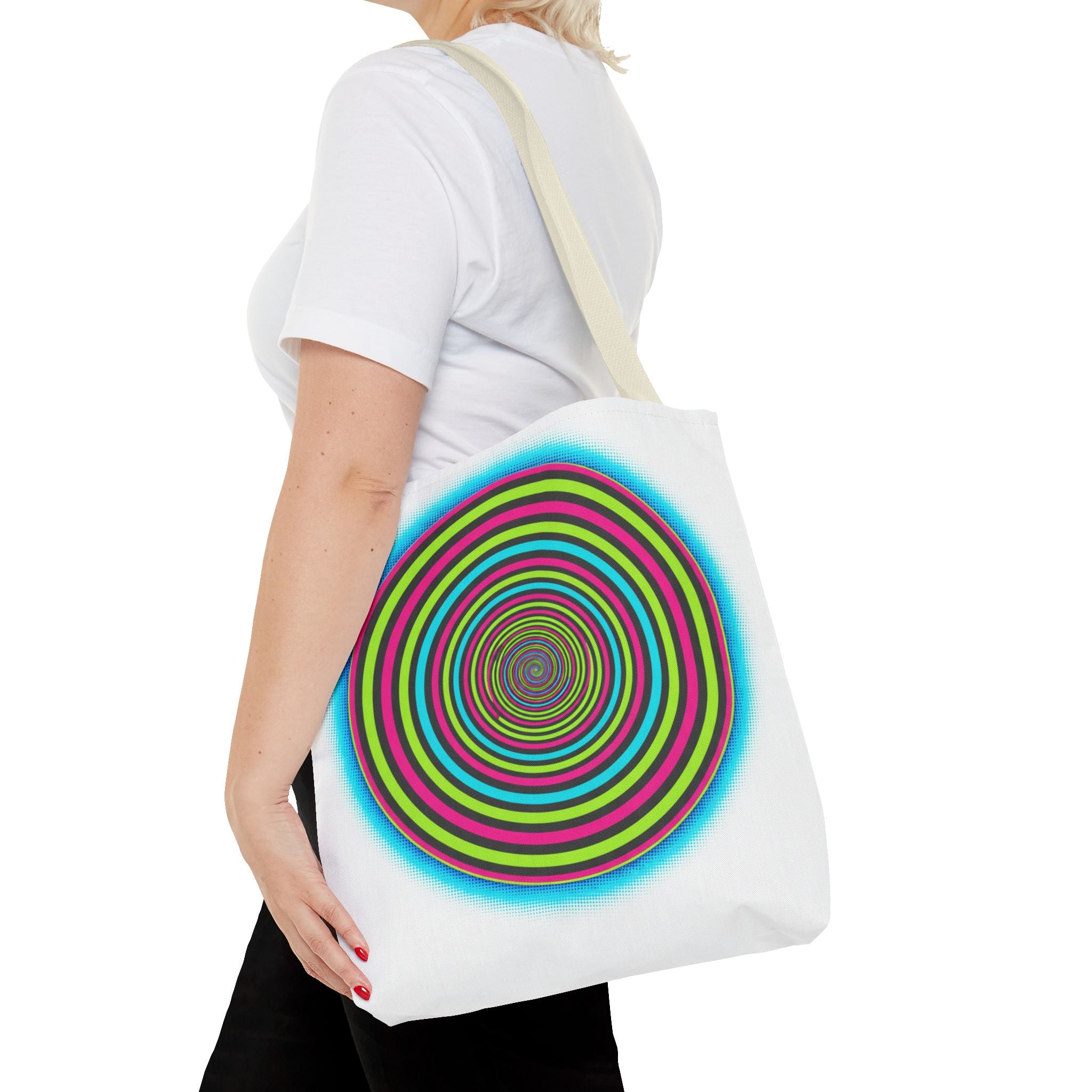 Psychedelic Spiral Tote Bag — Colorful Vortex All-Over Print Tote
