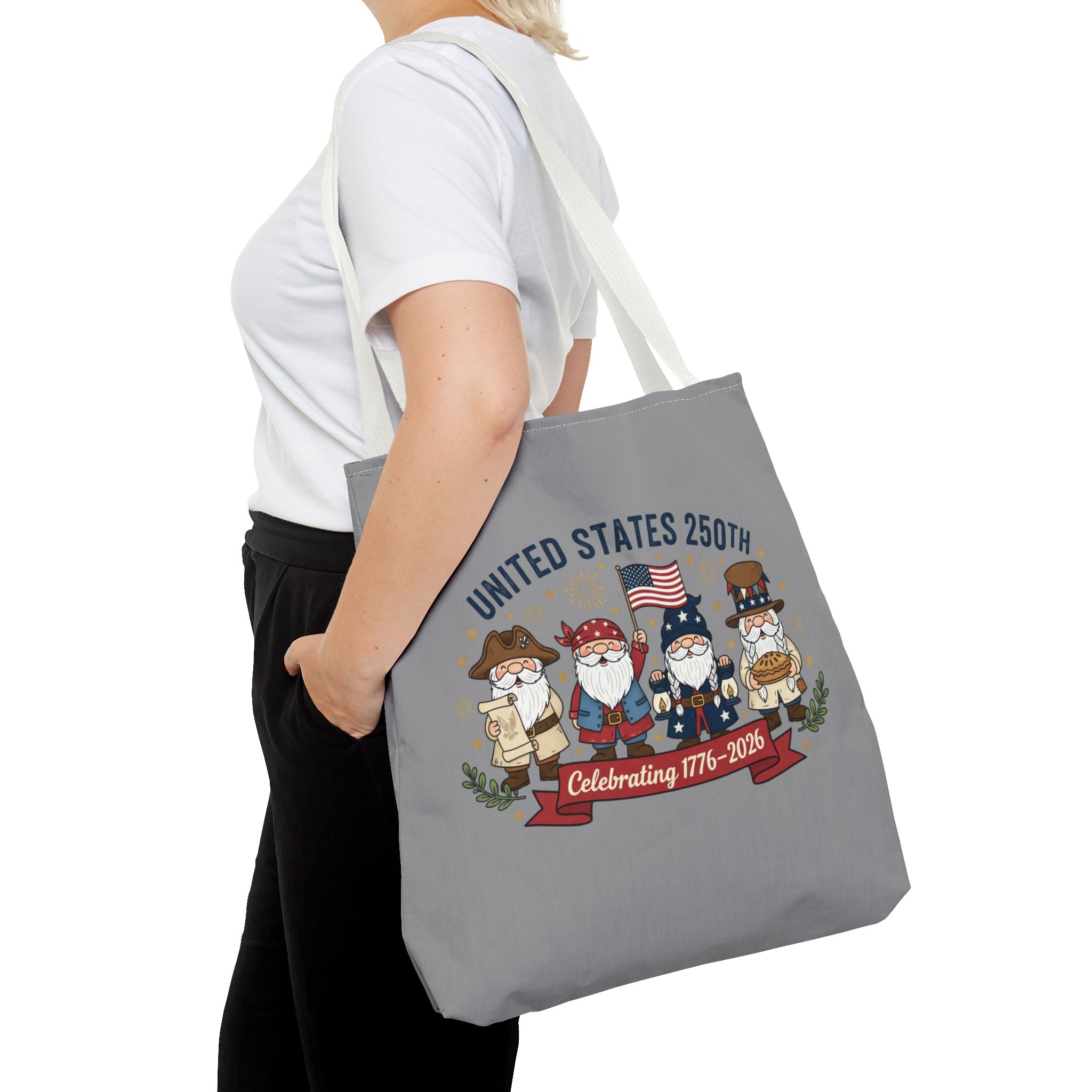 United States 250th Tote Bag — Celebrating 1776–2026 Patriotic Gnome Design