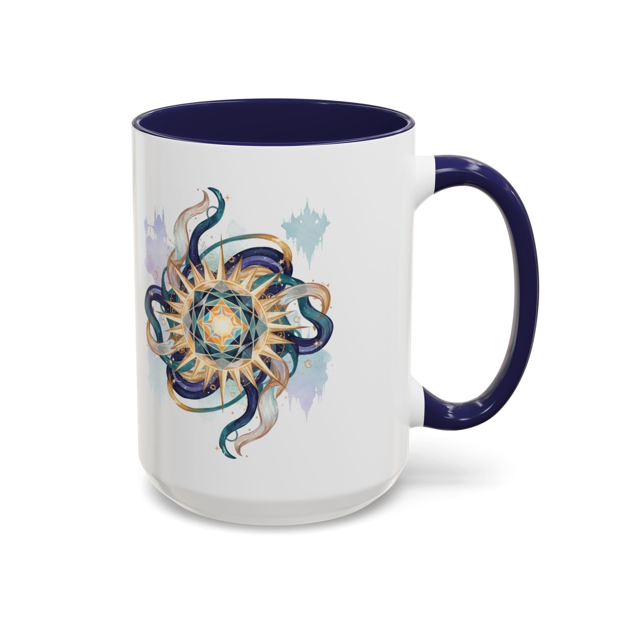 Celestial Nautilus Accent Coffee Mug — Ocean Sun Compass Art (11/15oz)
